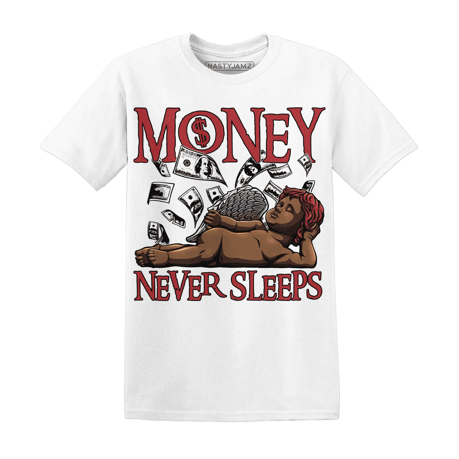 Black-Toe-Reimagined-Red-White-1s-NastyJamz-T-Shirt-Match-Money-Never-Sleeps