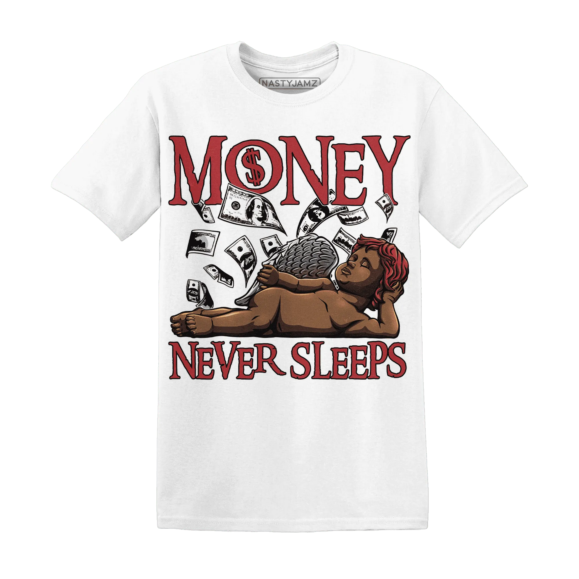 Black-Toe-Reimagined-Red-White-1s-NastyJamz-T-Shirt-Match-Money-Never-Sleeps