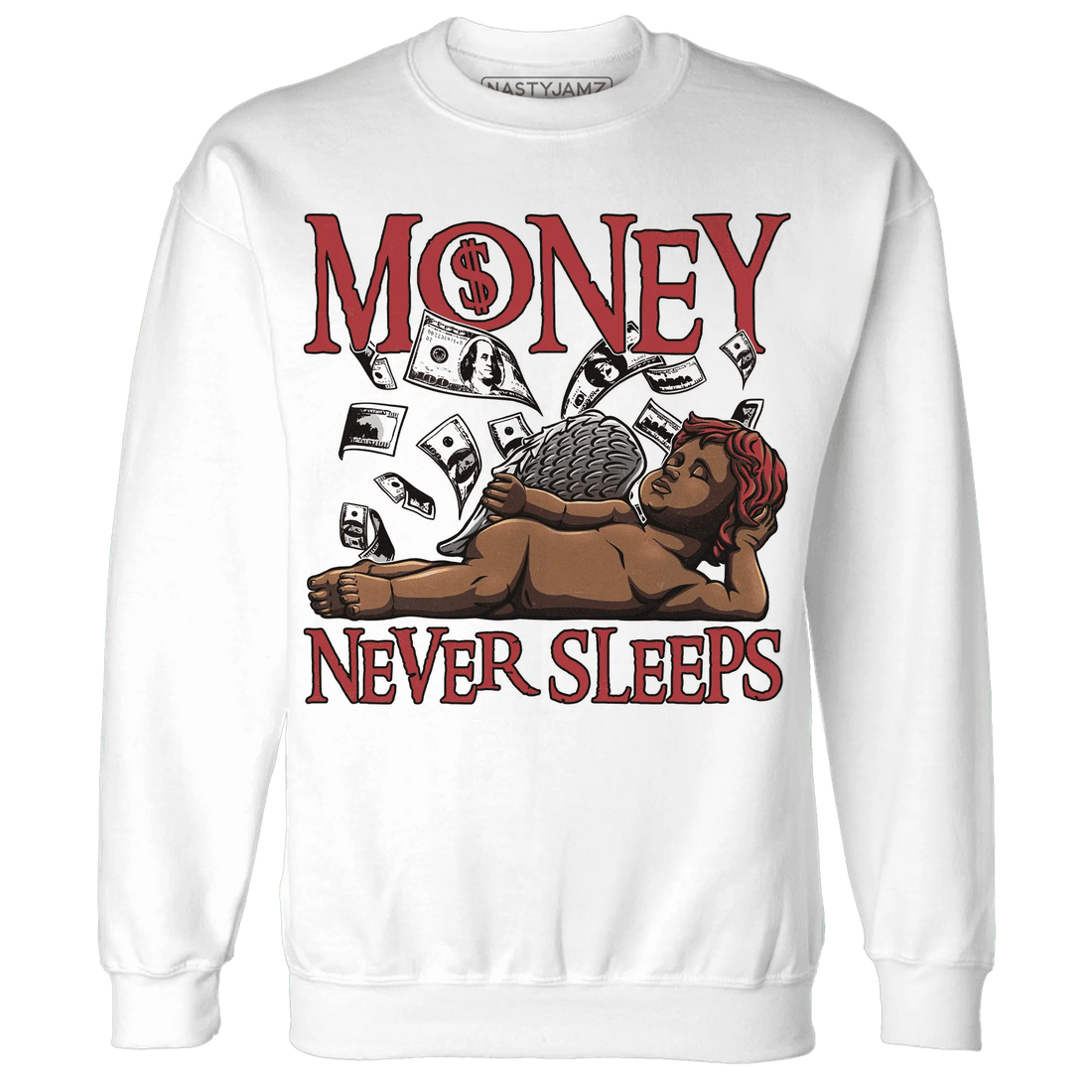 Black-Toe-Reimagined-Red-White-1s-NastyJamz-Sweatshirt-Match-Money-Never-Sleeps