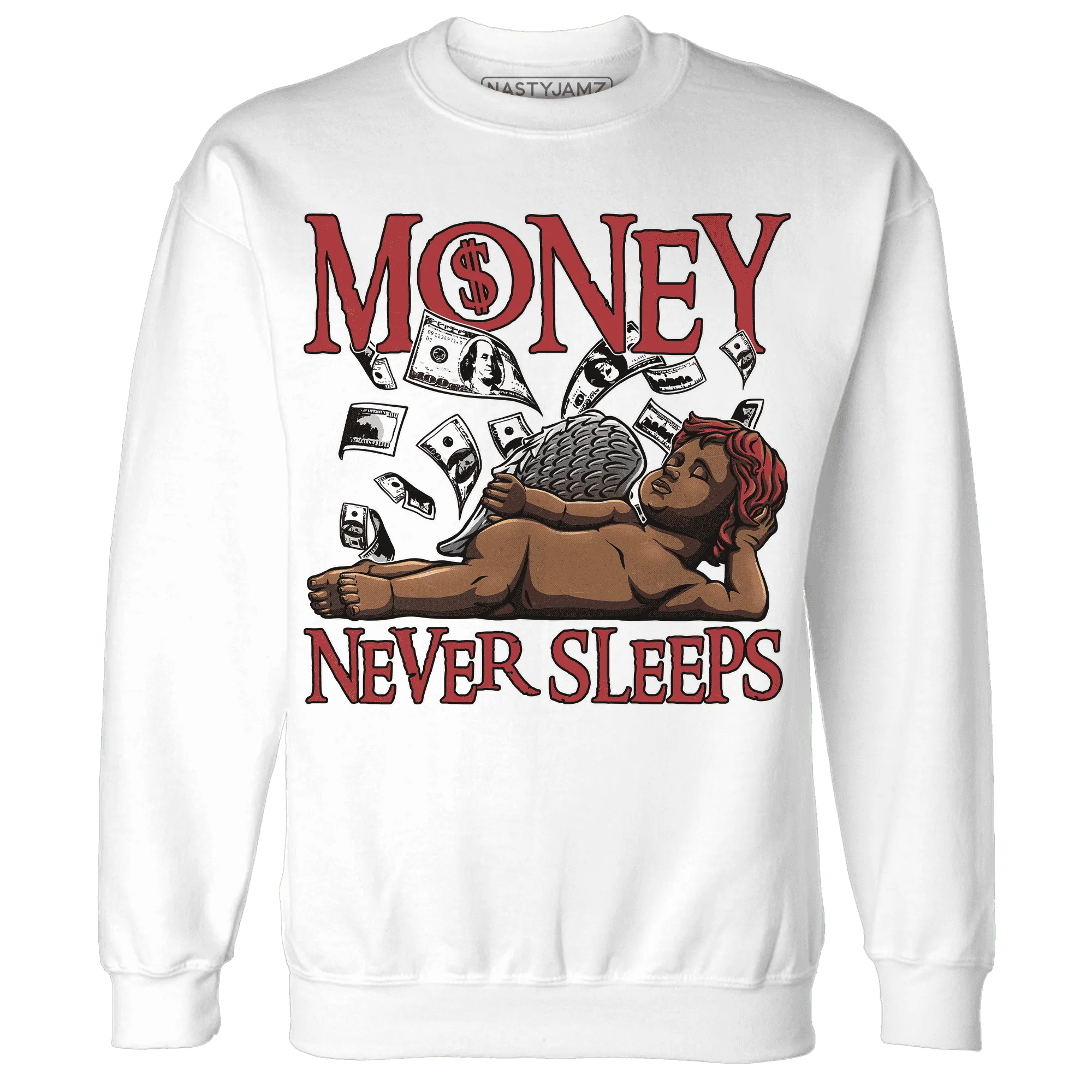 Black-Toe-Reimagined-Red-White-1s-NastyJamz-Sweatshirt-Match-Money-Never-Sleeps