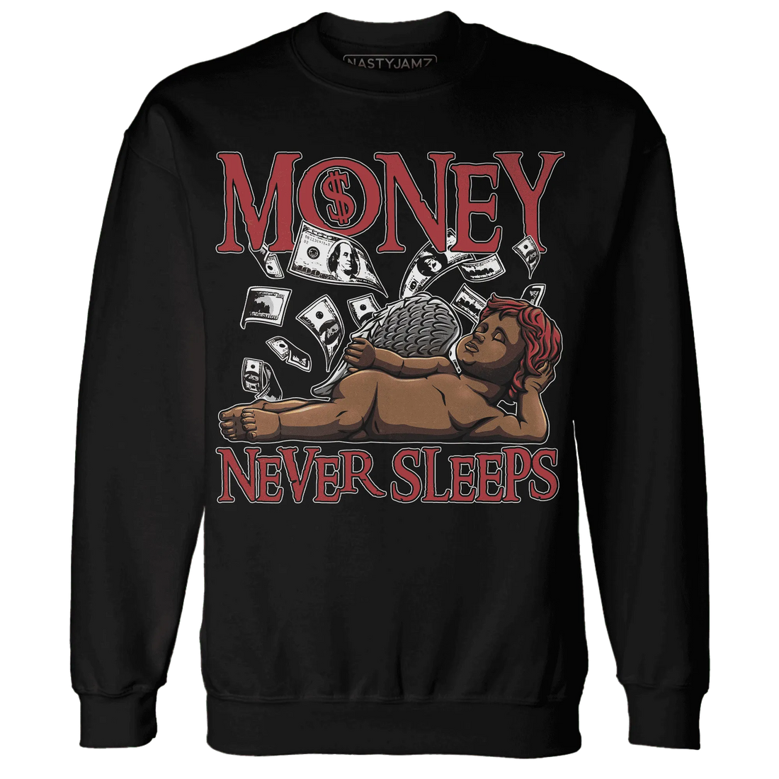 Black-Toe-Reimagined-Red-White-1s-NastyJamz-Sweatshirt-Match-Money-Never-Sleeps
