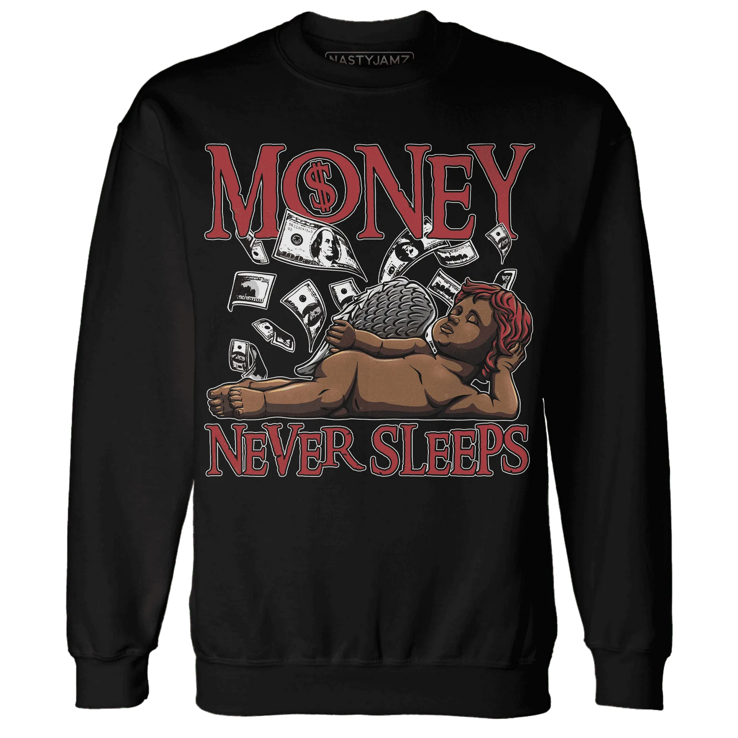Black-Toe-Reimagined-Red-White-1s-NastyJamz-Sweatshirt-Match-Money-Never-Sleeps