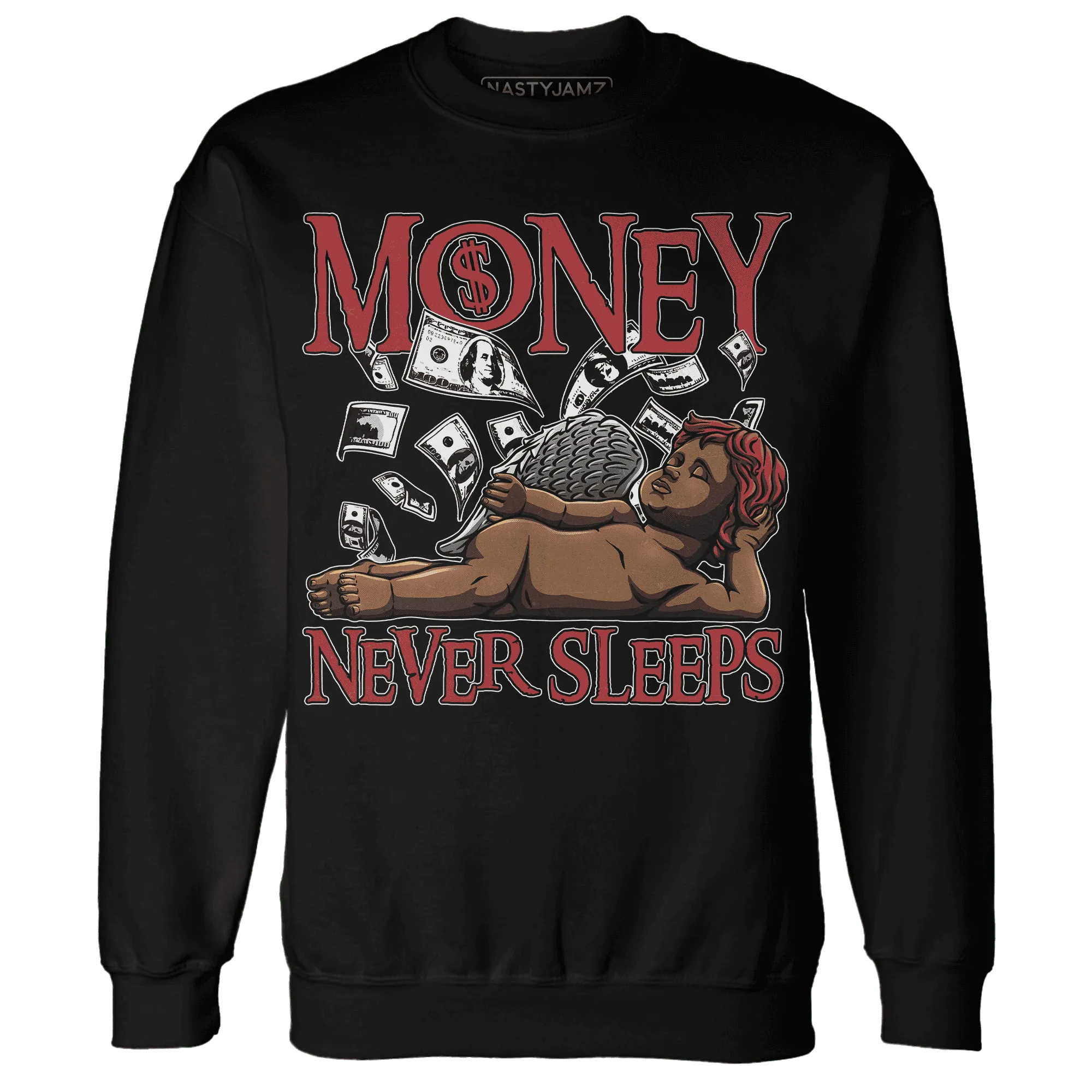 Black-Toe-Reimagined-Red-White-1s-NastyJamz-Sweatshirt-Match-Money-Never-Sleeps