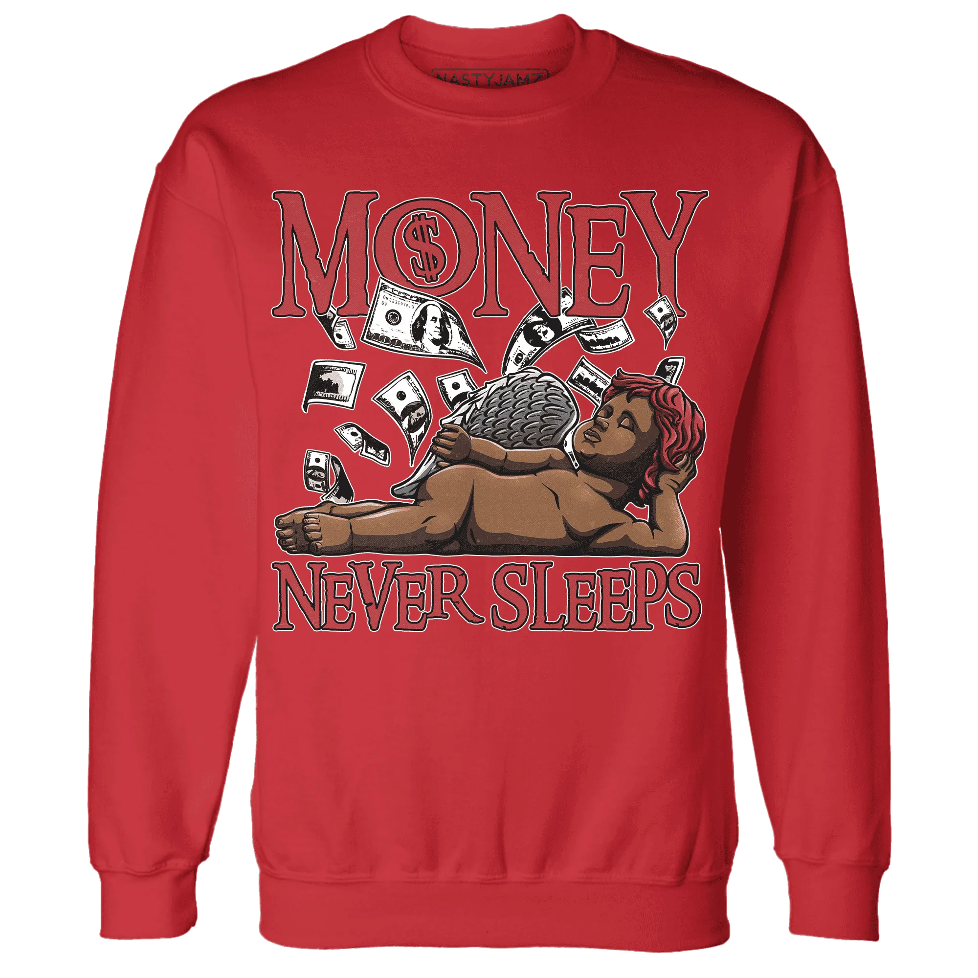 Black-Toe-Reimagined-Red-White-1s-NastyJamz-Sweatshirt-Match-Money-Never-Sleeps
