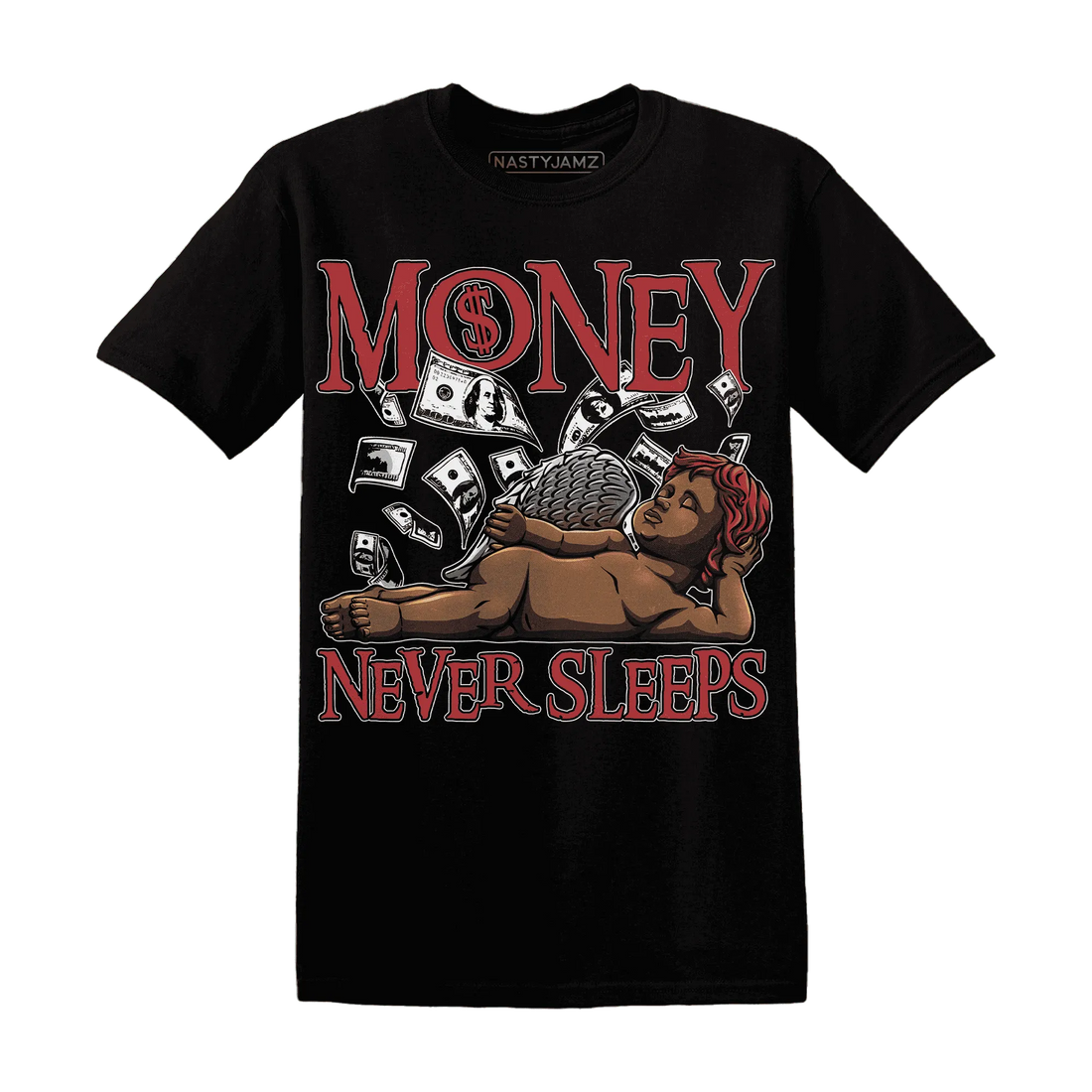 Black-Toe-Reimagined-Red-White-1s-NastyJamz-T-Shirt-Match-Money-Never-Sleeps