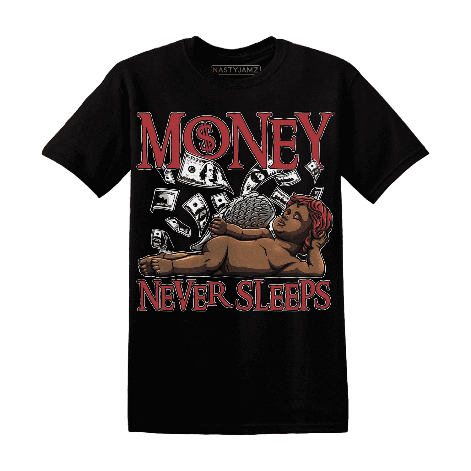 Black-Toe-Reimagined-Red-White-1s-NastyJamz-T-Shirt-Match-Money-Never-Sleeps