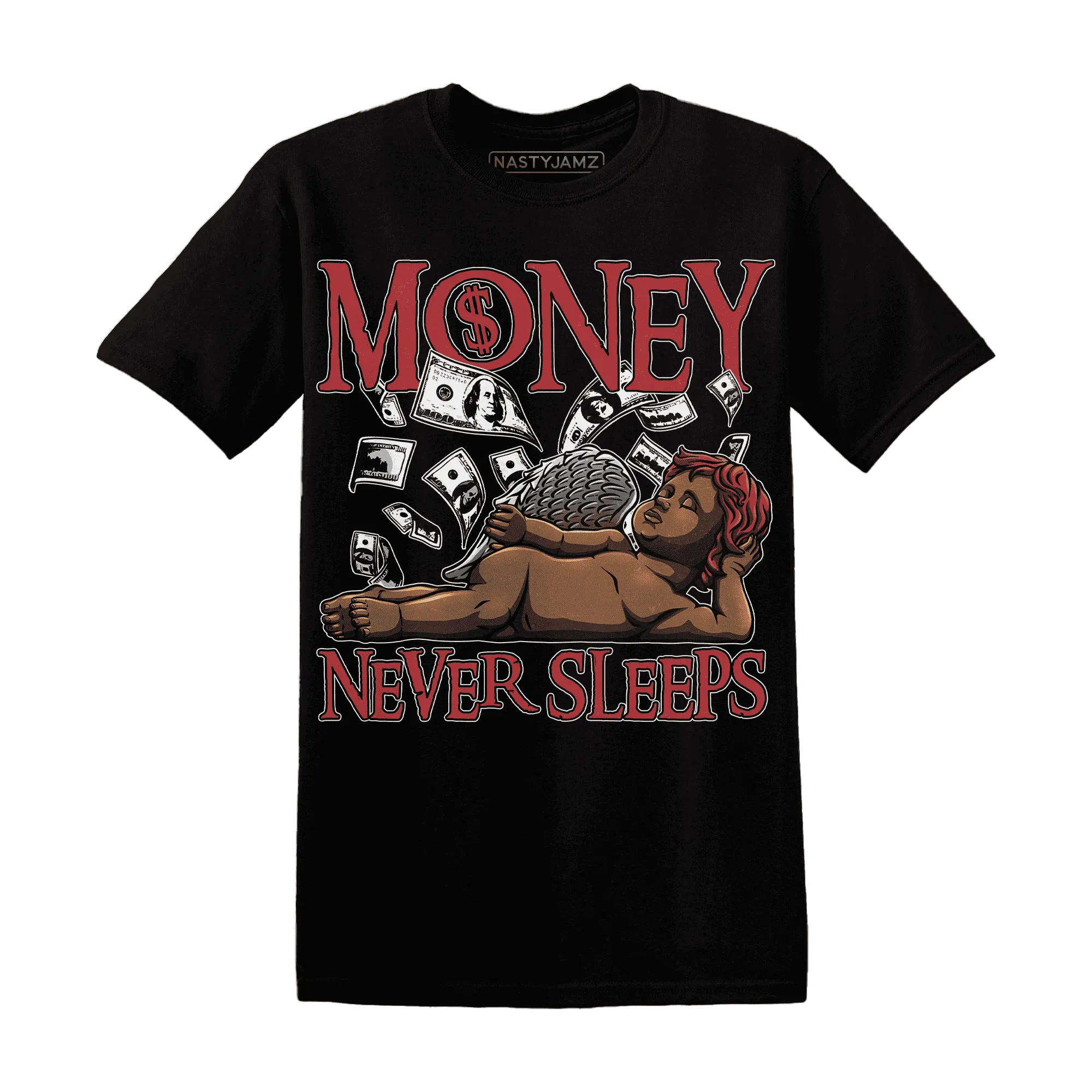 Black-Toe-Reimagined-Red-White-1s-NastyJamz-T-Shirt-Match-Money-Never-Sleeps