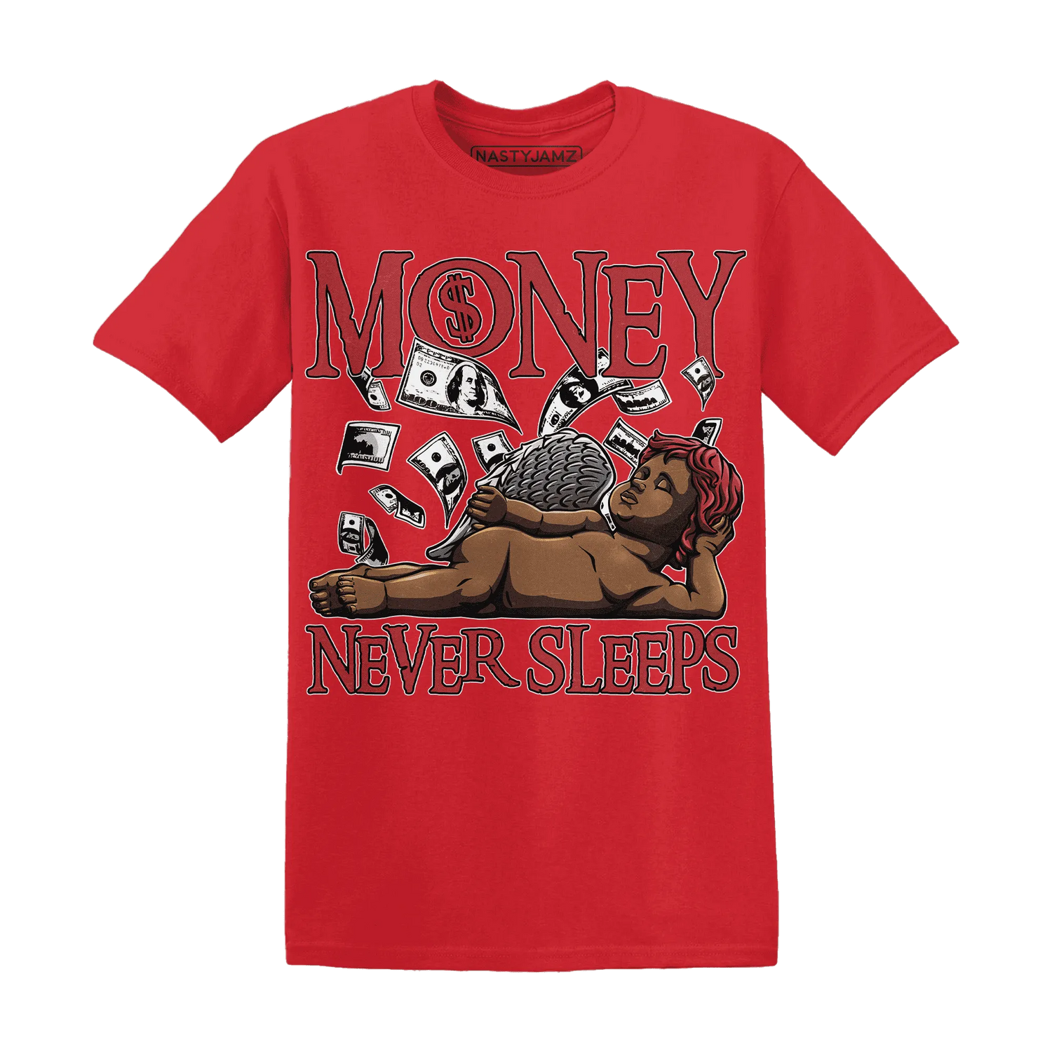 Black-Toe-Reimagined-Red-White-1s-NastyJamz-T-Shirt-Match-Money-Never-Sleeps