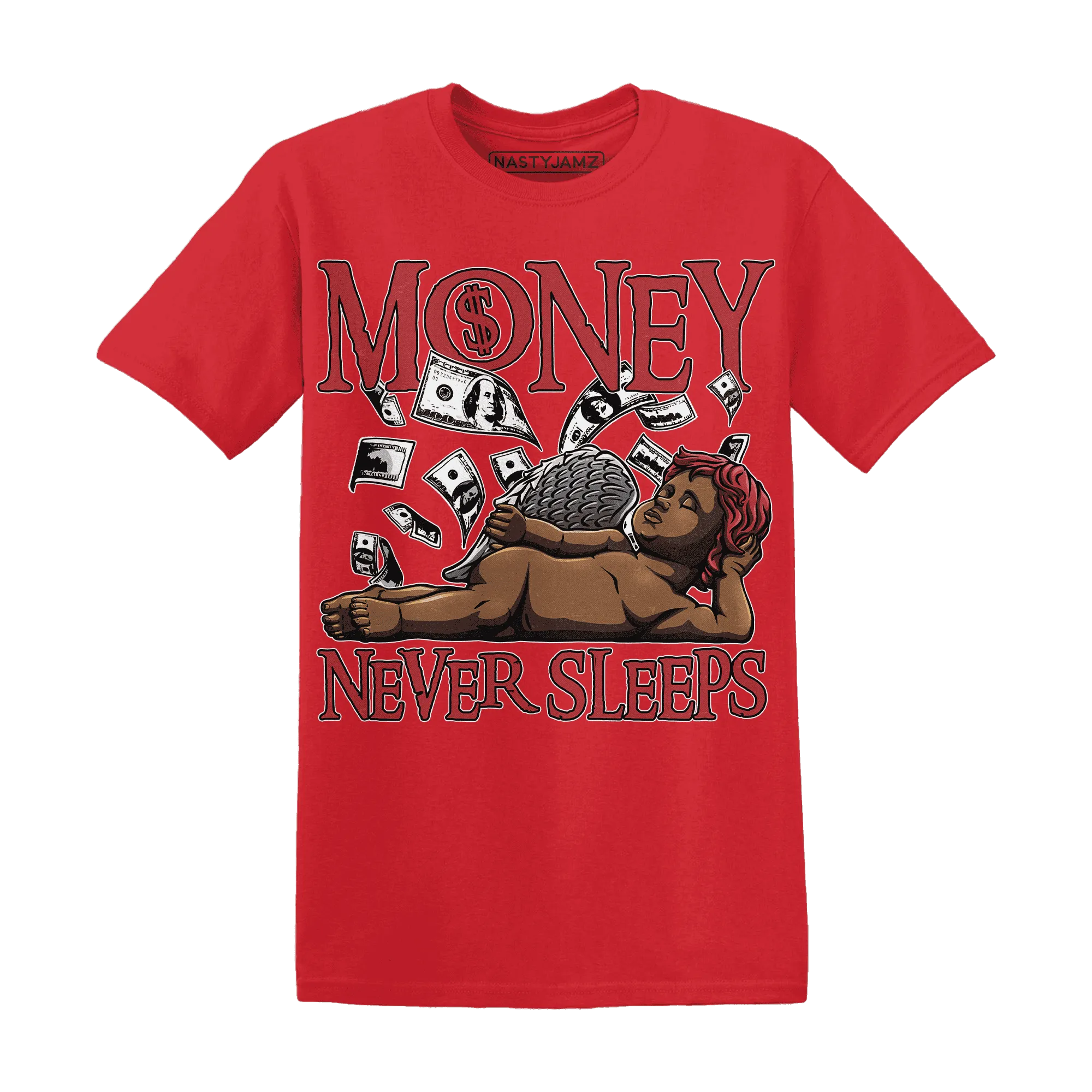 Black-Toe-Reimagined-Red-White-1s-NastyJamz-T-Shirt-Match-Money-Never-Sleeps