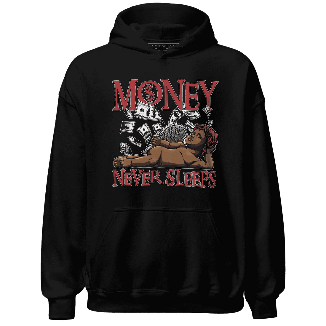 Black-Toe-Reimagined-Red-White-1s-NastyJamz-Hoodie-Match-Money-Never-Sleeps