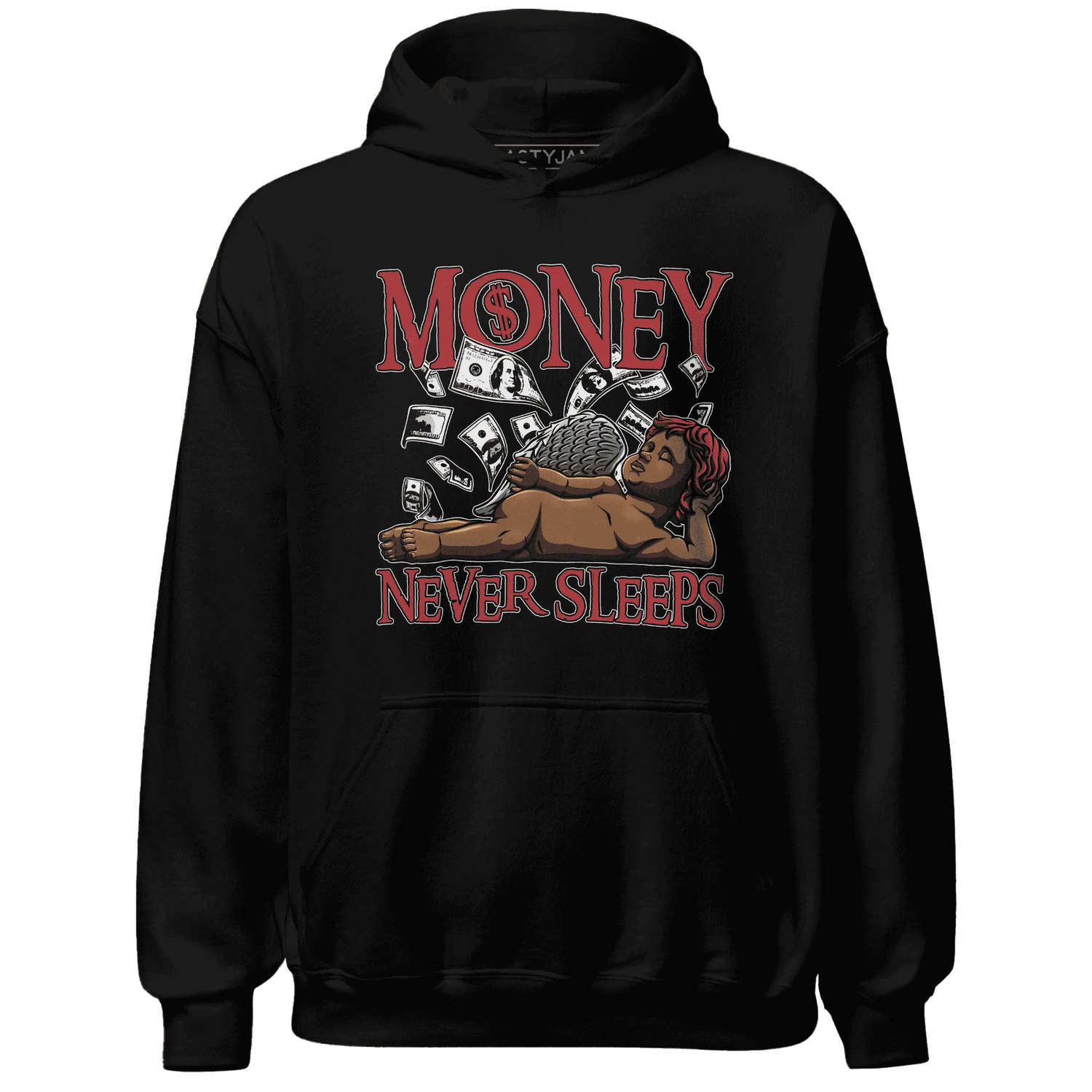 Black-Toe-Reimagined-Red-White-1s-NastyJamz-Hoodie-Match-Money-Never-Sleeps