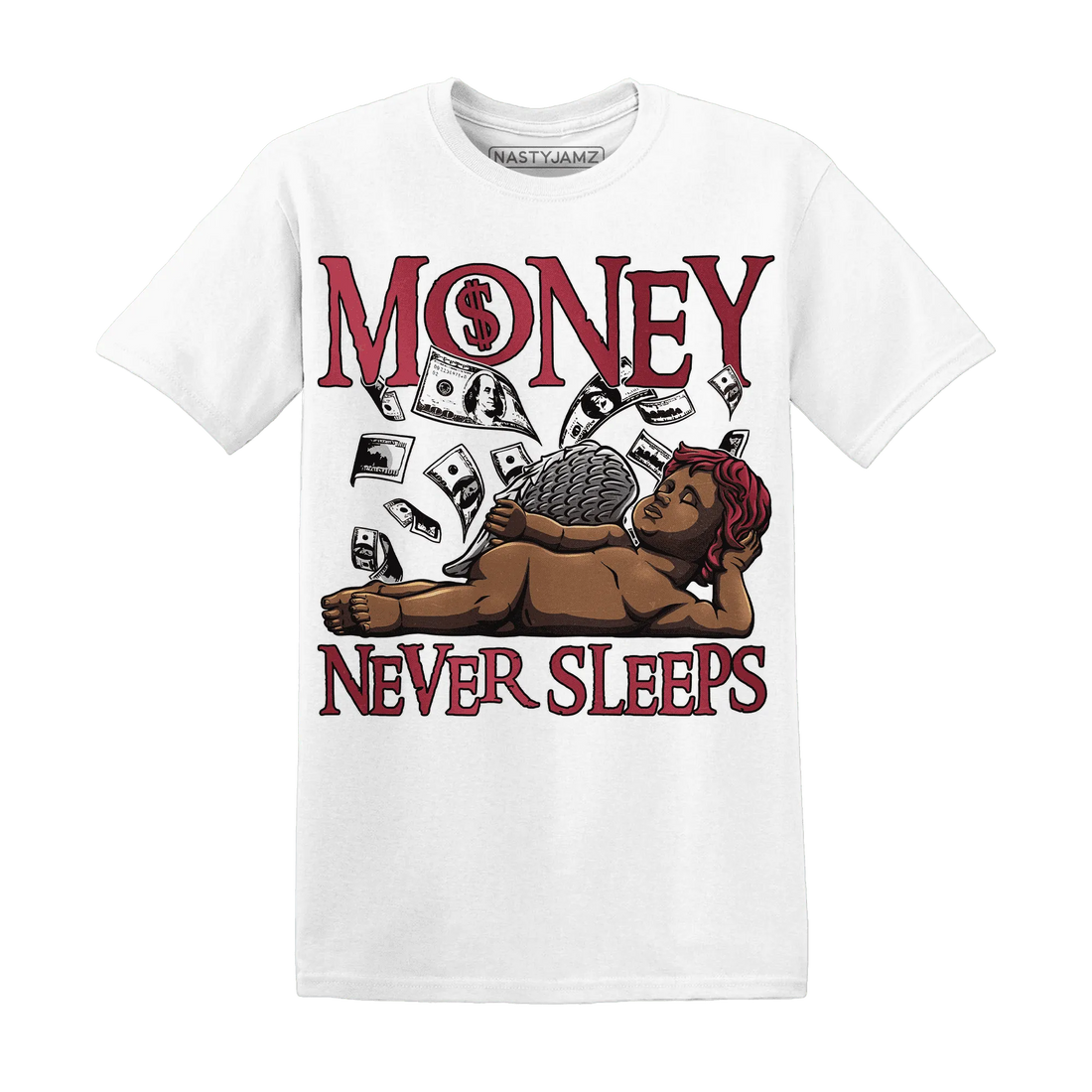 High-85-Metallic-Burgundy-1s-T-Shirt-Match-Money-Never-Sleeps