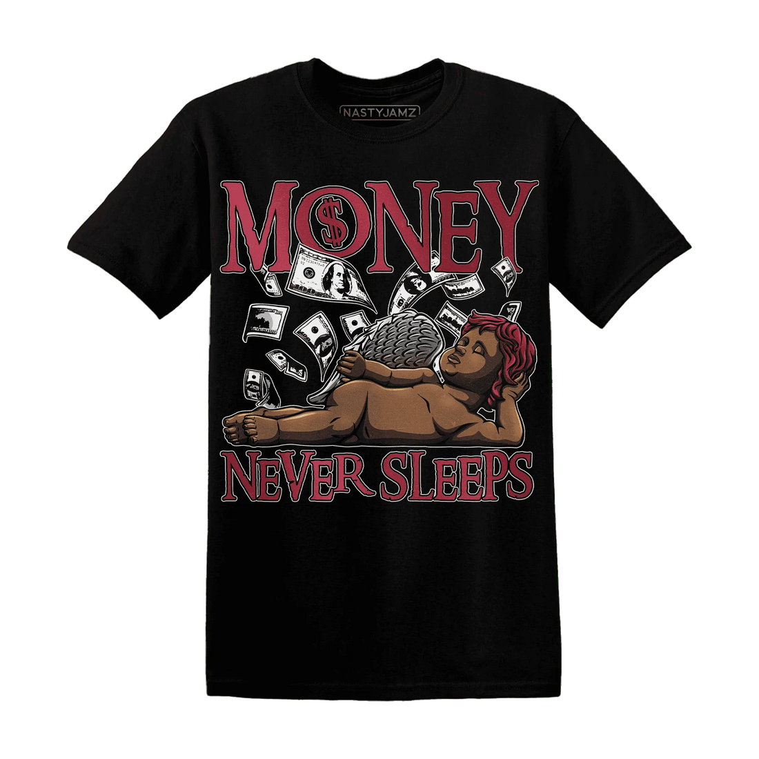 High-85-Metallic-Burgundy-1s-T-Shirt-Match-Money-Never-Sleeps