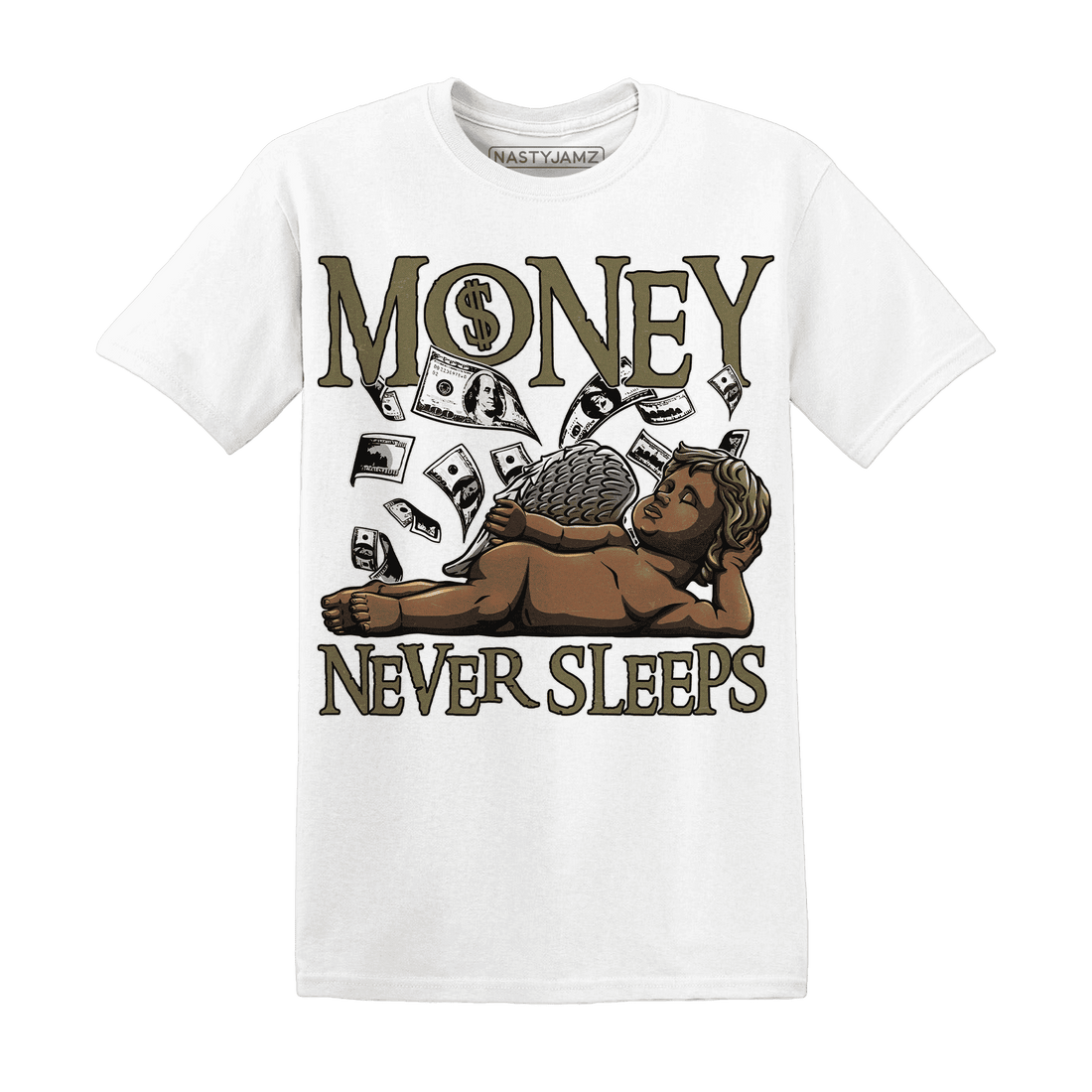 NastyJamz-Medium-Olive-1s-T-Shirt-Match-Money-Never-Sleeps