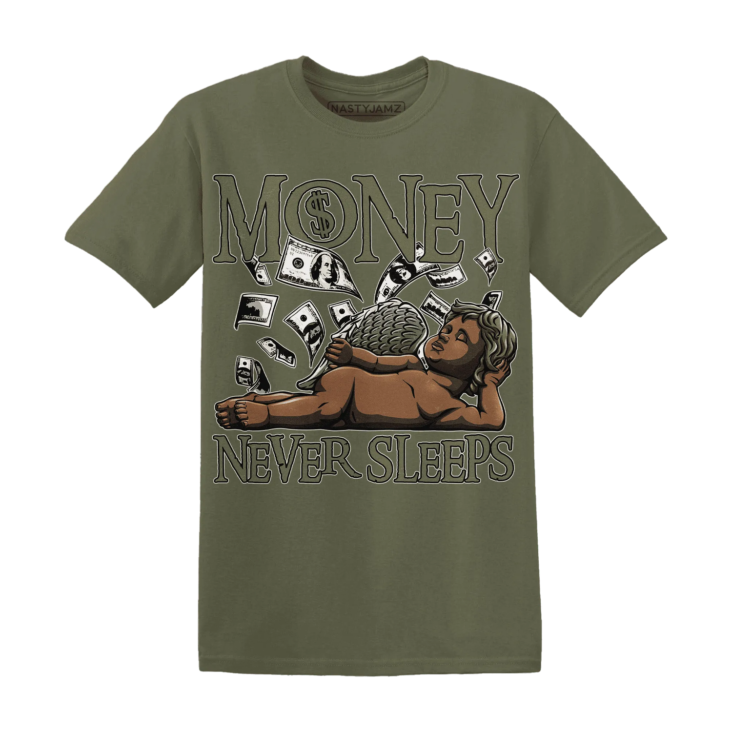 NastyJamz-Medium-Olive-1s-T-Shirt-Match-Money-Never-Sleeps