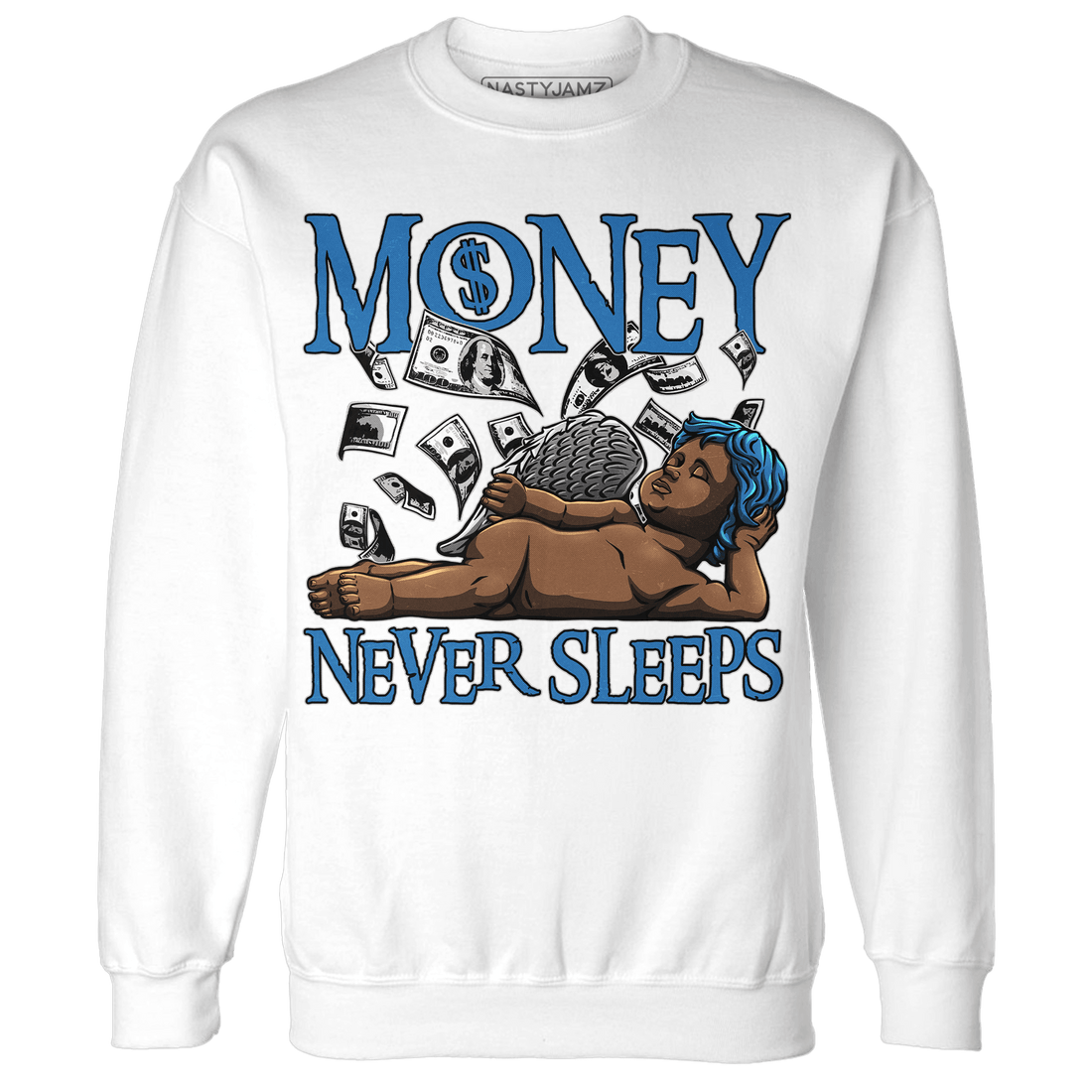 Industrial Blue 4s Sweatshirt Match Money Never Sleeps - NastyJamz