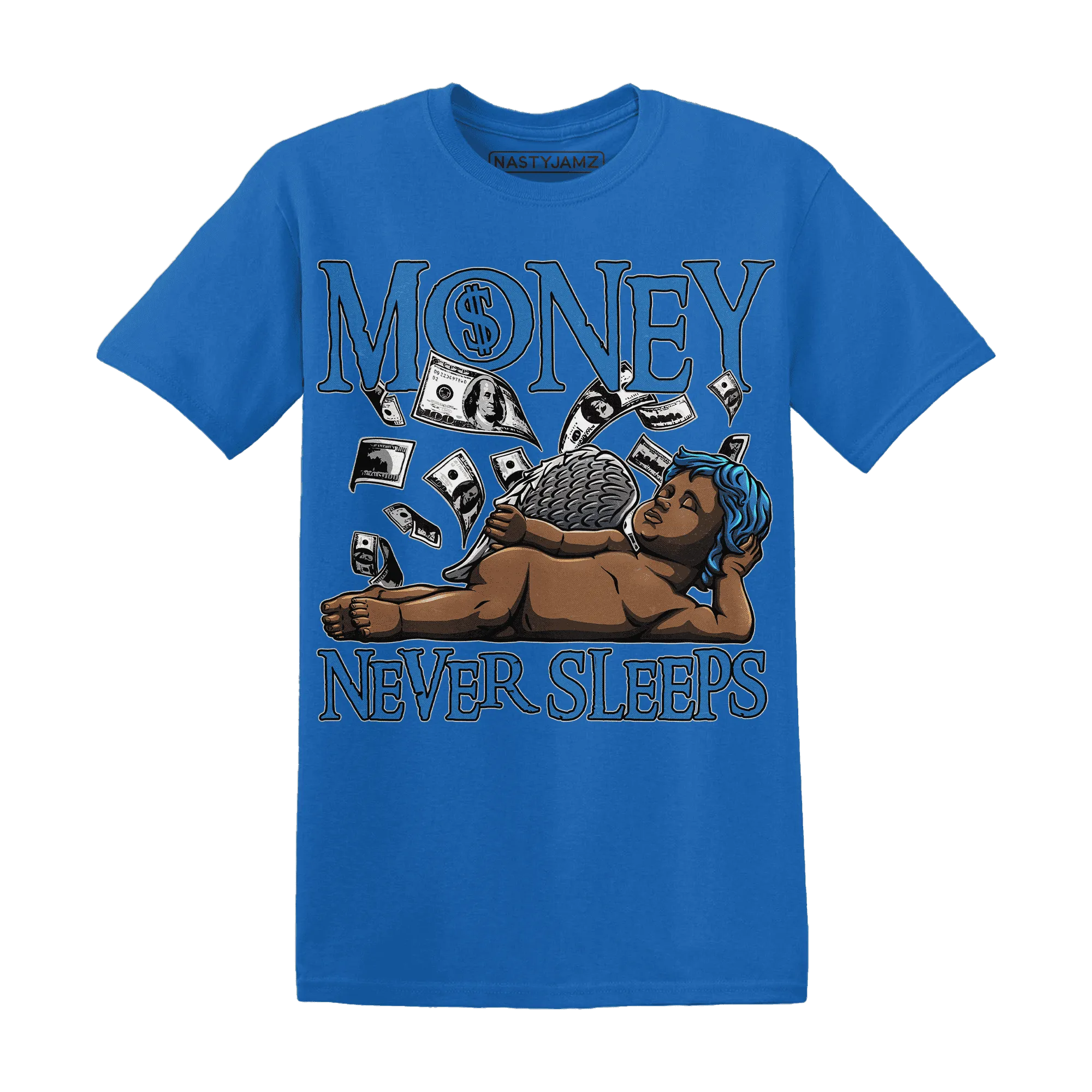 Industrial-Blue-4s-T-Shirt-Match-Money-Never-Sleeps