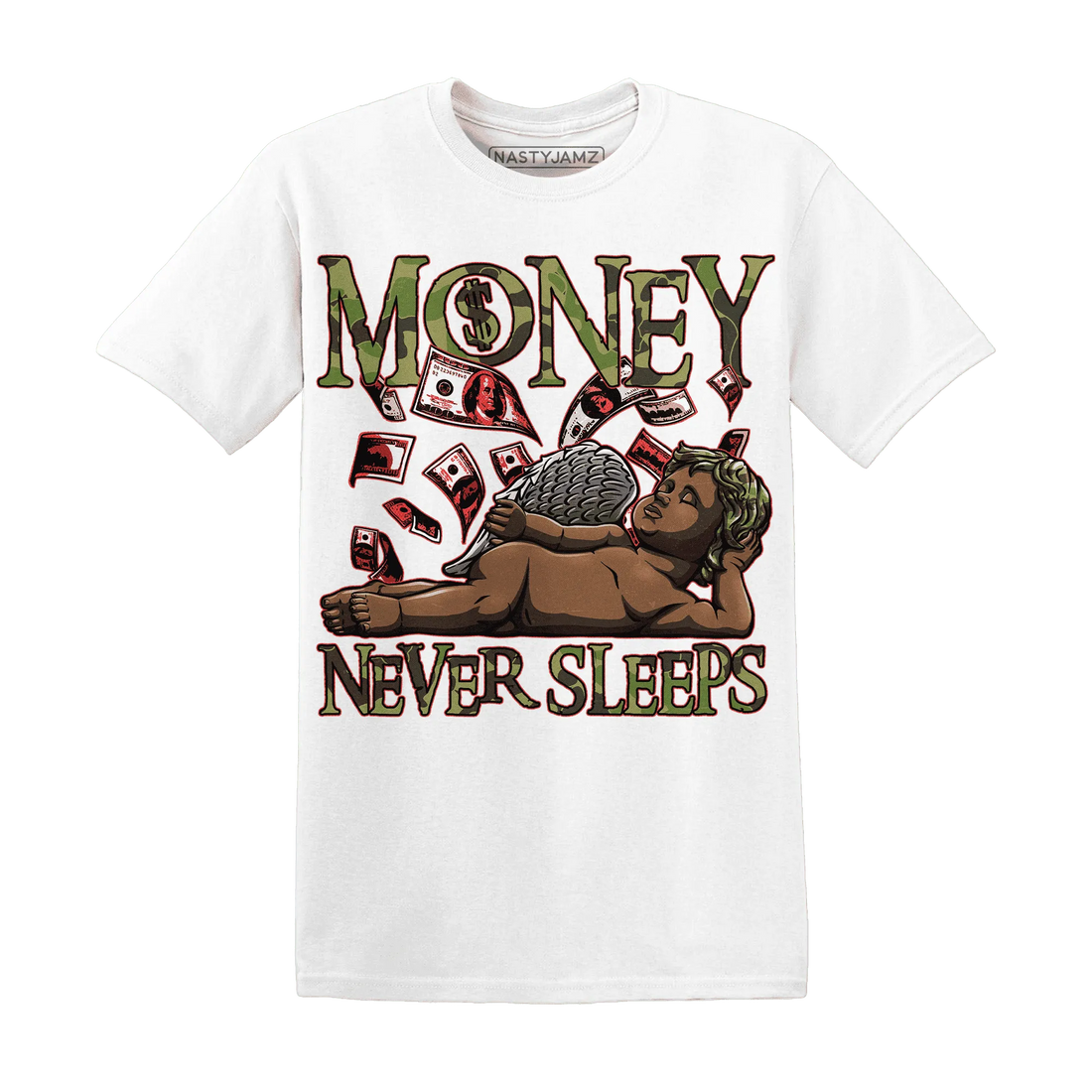 AM-90-Dark-Sage-Solar-Red-NastyJamz-T-Shirt-Match-Money-Never-Sleeps