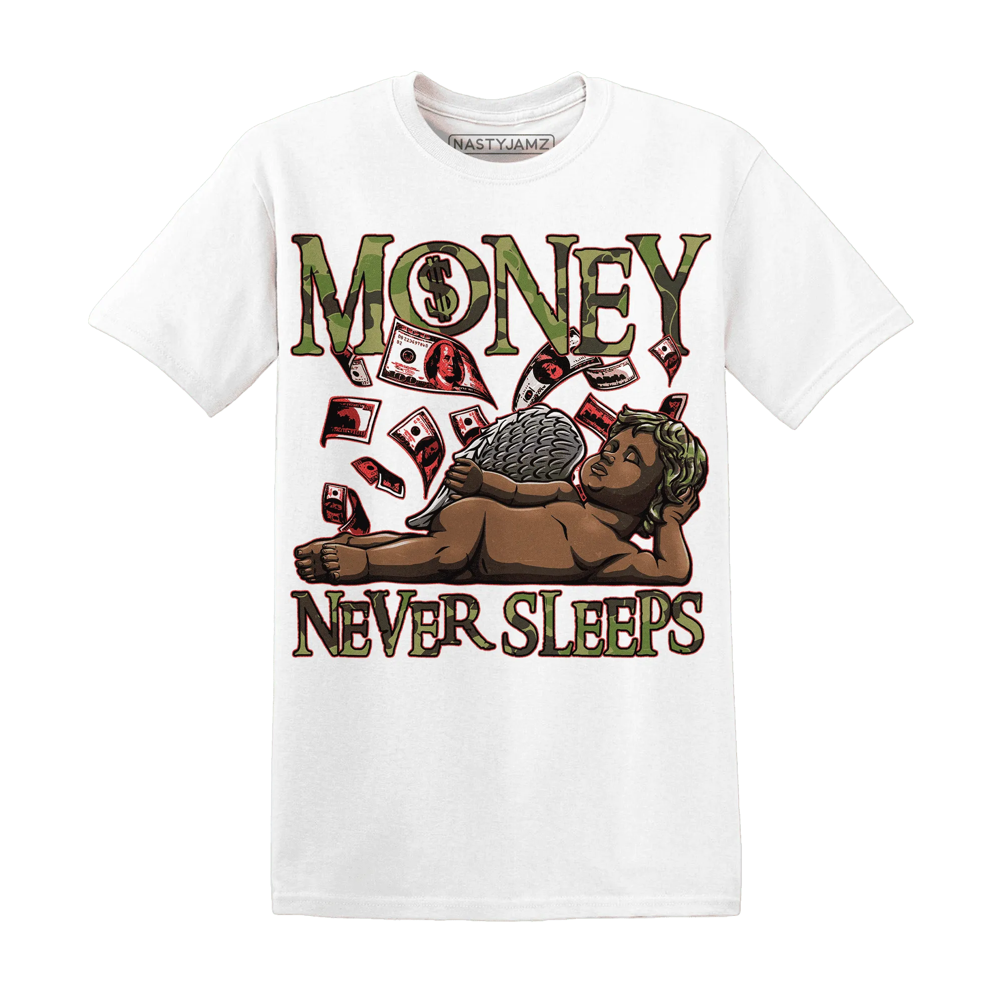 AM-90-Dark-Sage-Solar-Red-NastyJamz-T-Shirt-Match-Money-Never-Sleeps