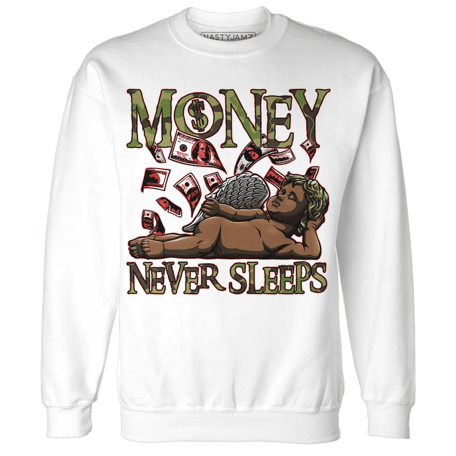 AM-90-Dark-Sage-Solar-Red-NastyJamz-Sweatshirt-Match-Money-Never-Sleeps