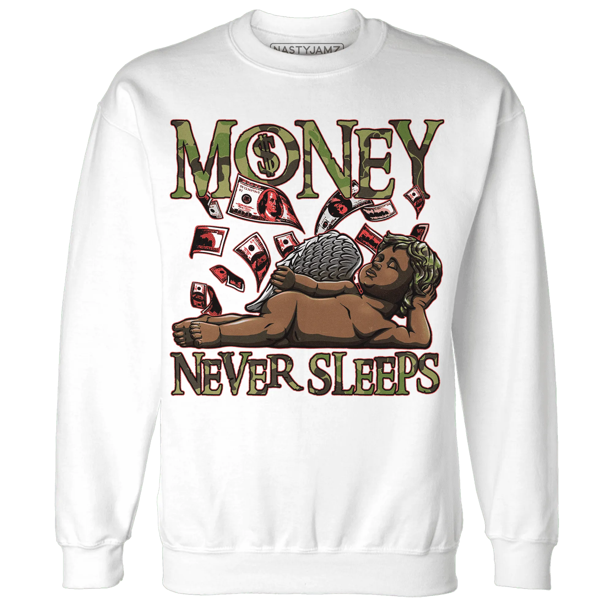 AM-90-Dark-Sage-Solar-Red-NastyJamz-Sweatshirt-Match-Money-Never-Sleeps