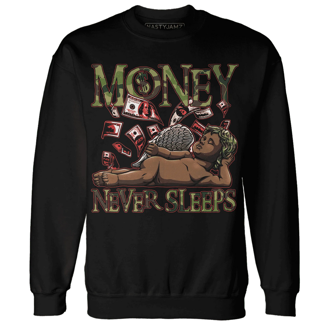 AM-90-Dark-Sage-Solar-Red-NastyJamz-Sweatshirt-Match-Money-Never-Sleeps