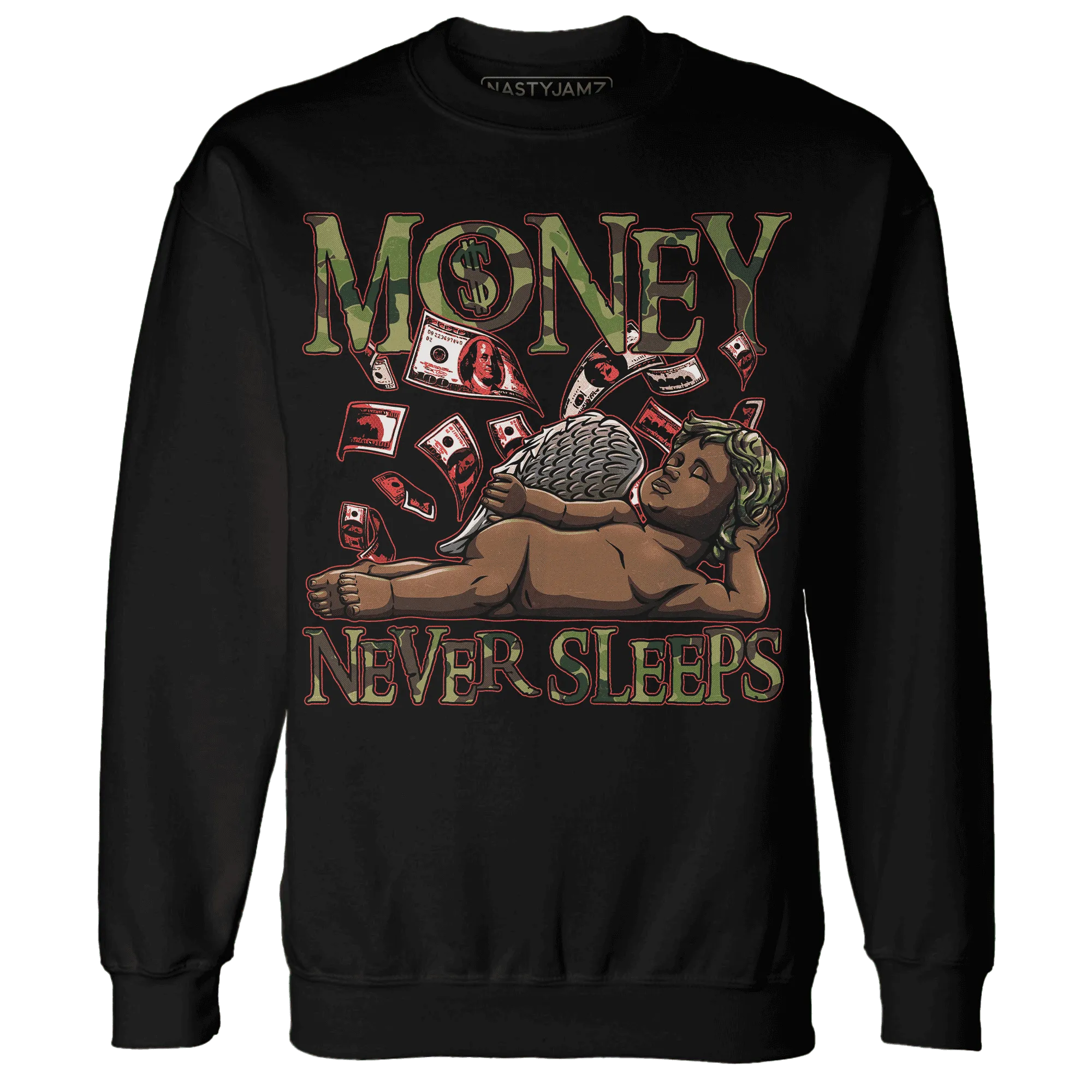 AM-90-Dark-Sage-Solar-Red-NastyJamz-Sweatshirt-Match-Money-Never-Sleeps