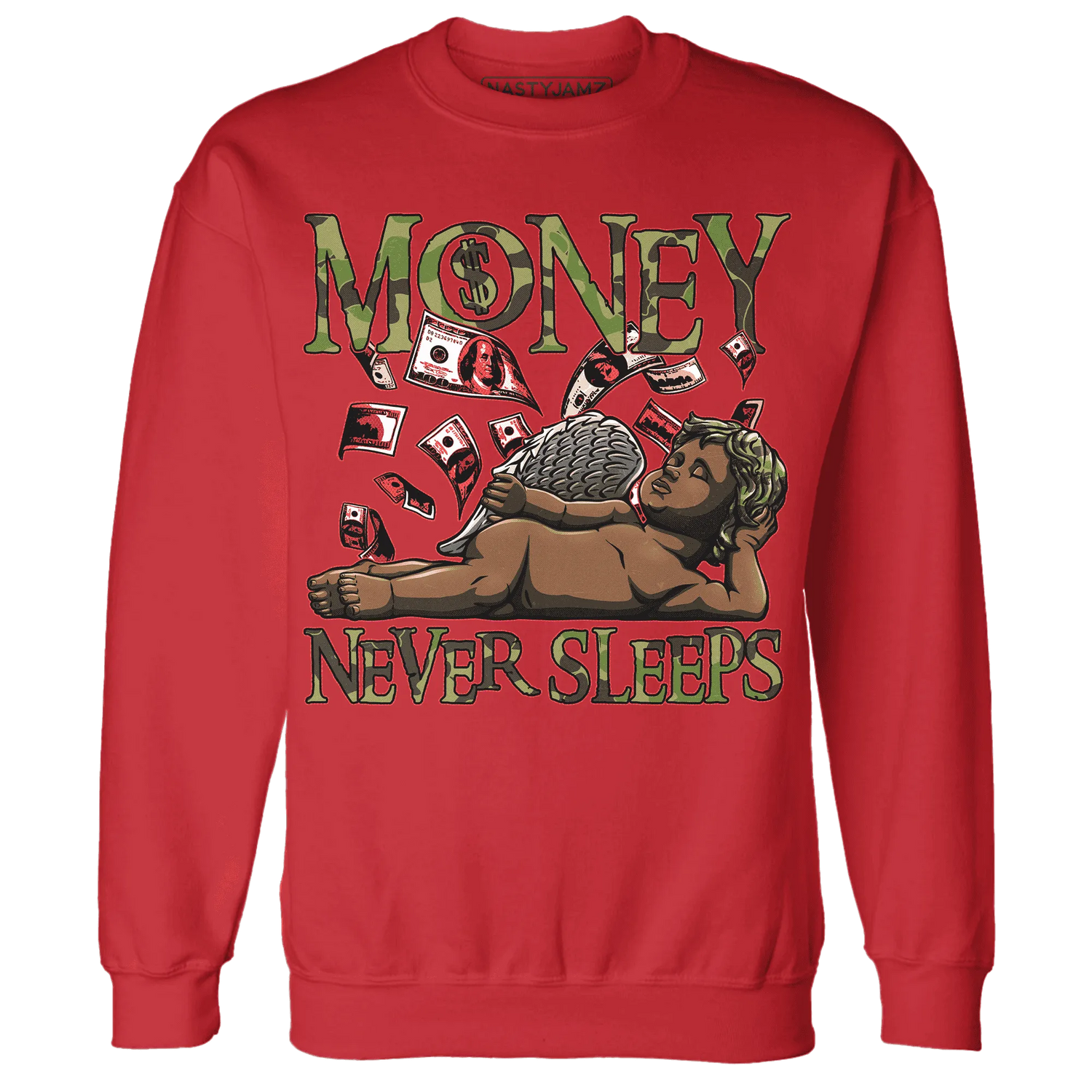 AM-90-Dark-Sage-Solar-Red-NastyJamz-Sweatshirt-Match-Money-Never-Sleeps