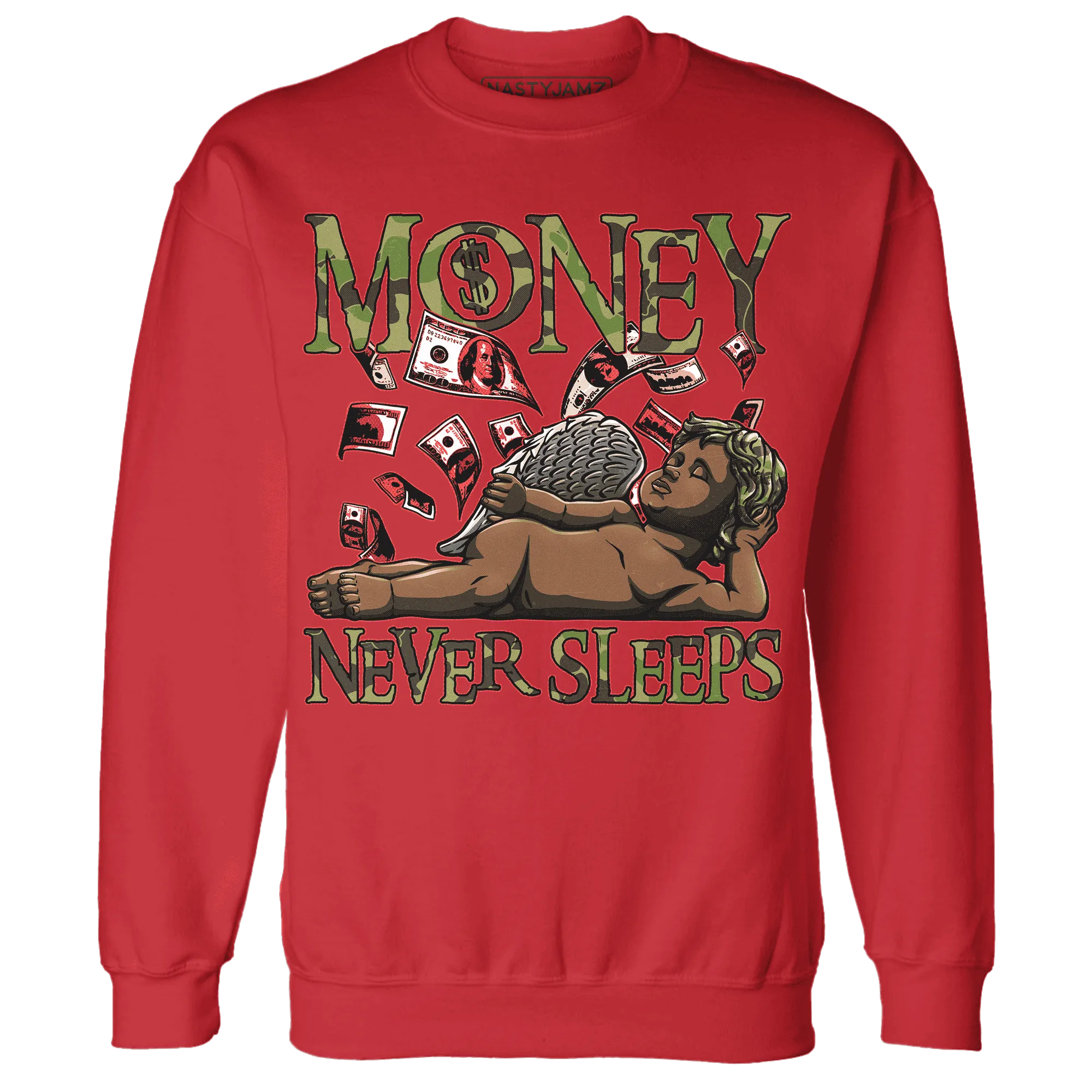 AM-90-Dark-Sage-Solar-Red-NastyJamz-Sweatshirt-Match-Money-Never-Sleeps