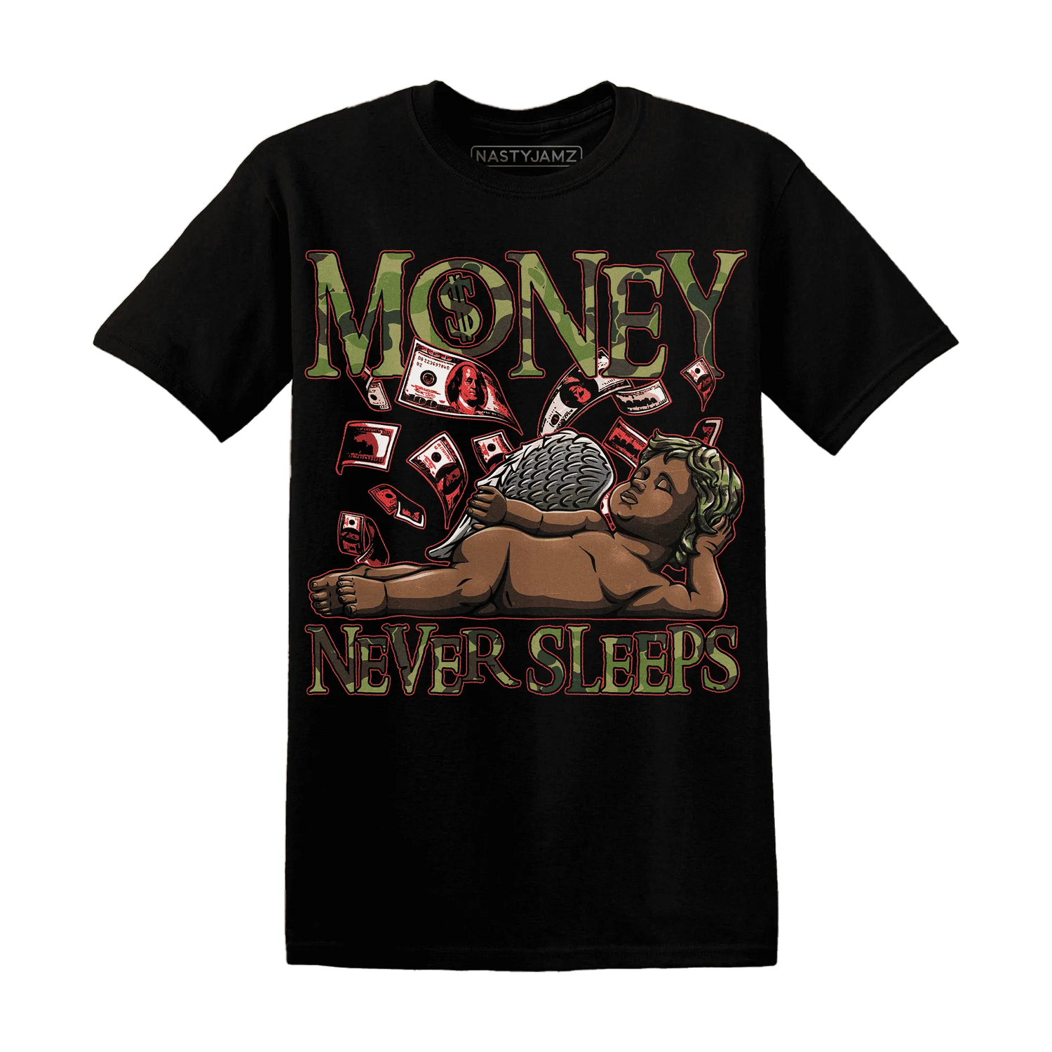 AM-90-Dark-Sage-Solar-Red-NastyJamz-T-Shirt-Match-Money-Never-Sleeps