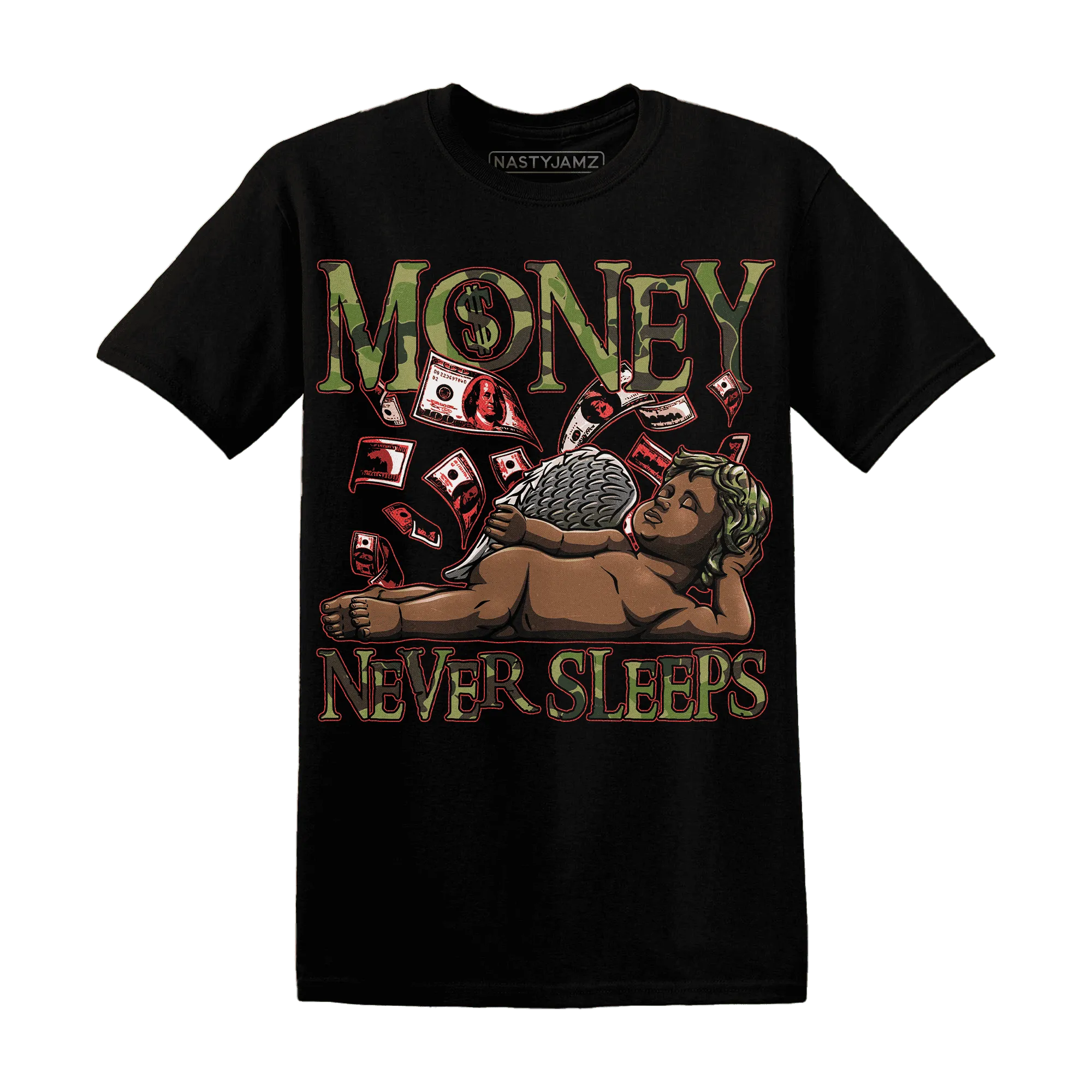 AM-90-Dark-Sage-Solar-Red-NastyJamz-T-Shirt-Match-Money-Never-Sleeps