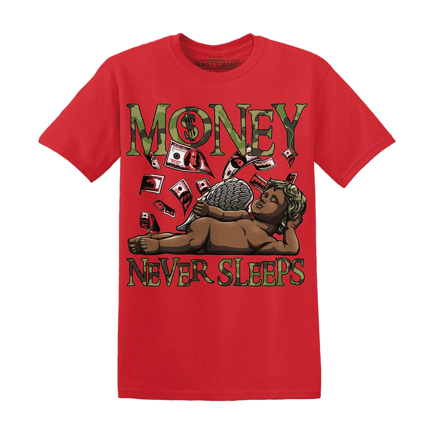 AM-90-Dark-Sage-Solar-Red-NastyJamz-T-Shirt-Match-Money-Never-Sleeps