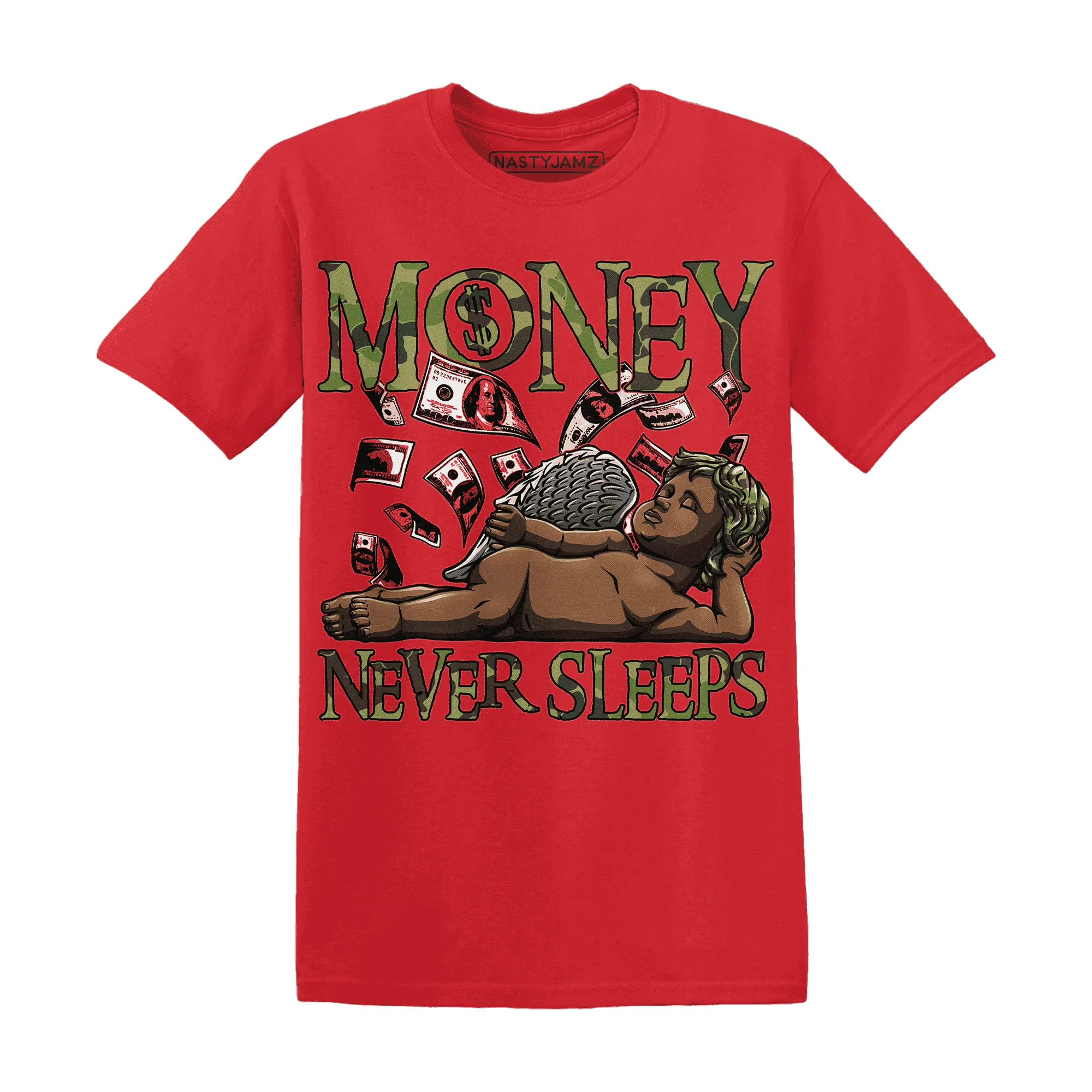 AM-90-Dark-Sage-Solar-Red-NastyJamz-T-Shirt-Match-Money-Never-Sleeps