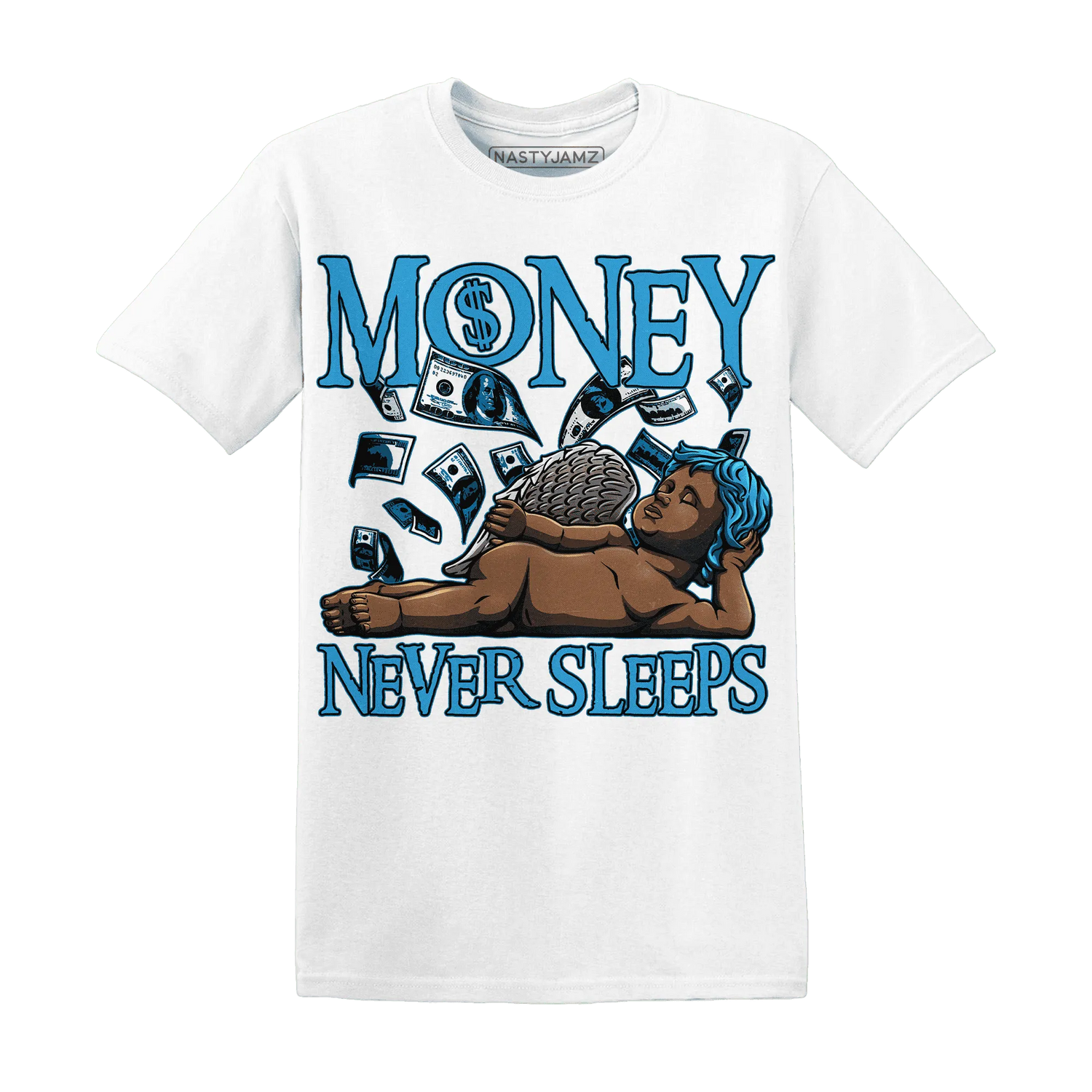 Powder-Blue-9s-T-Shirt-Match-Money-Never-Sleeps