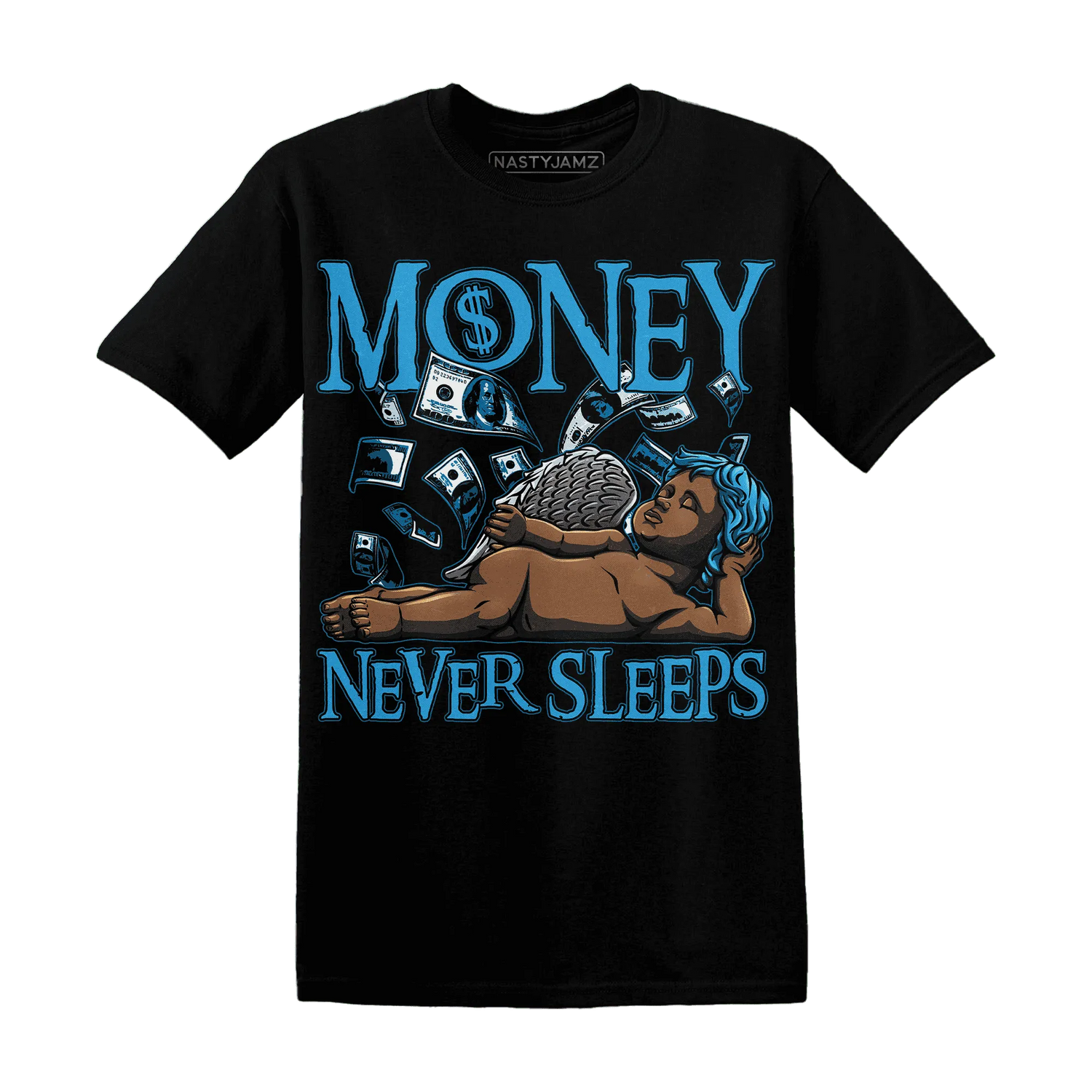 Powder-Blue-9s-T-Shirt-Match-Money-Never-Sleeps