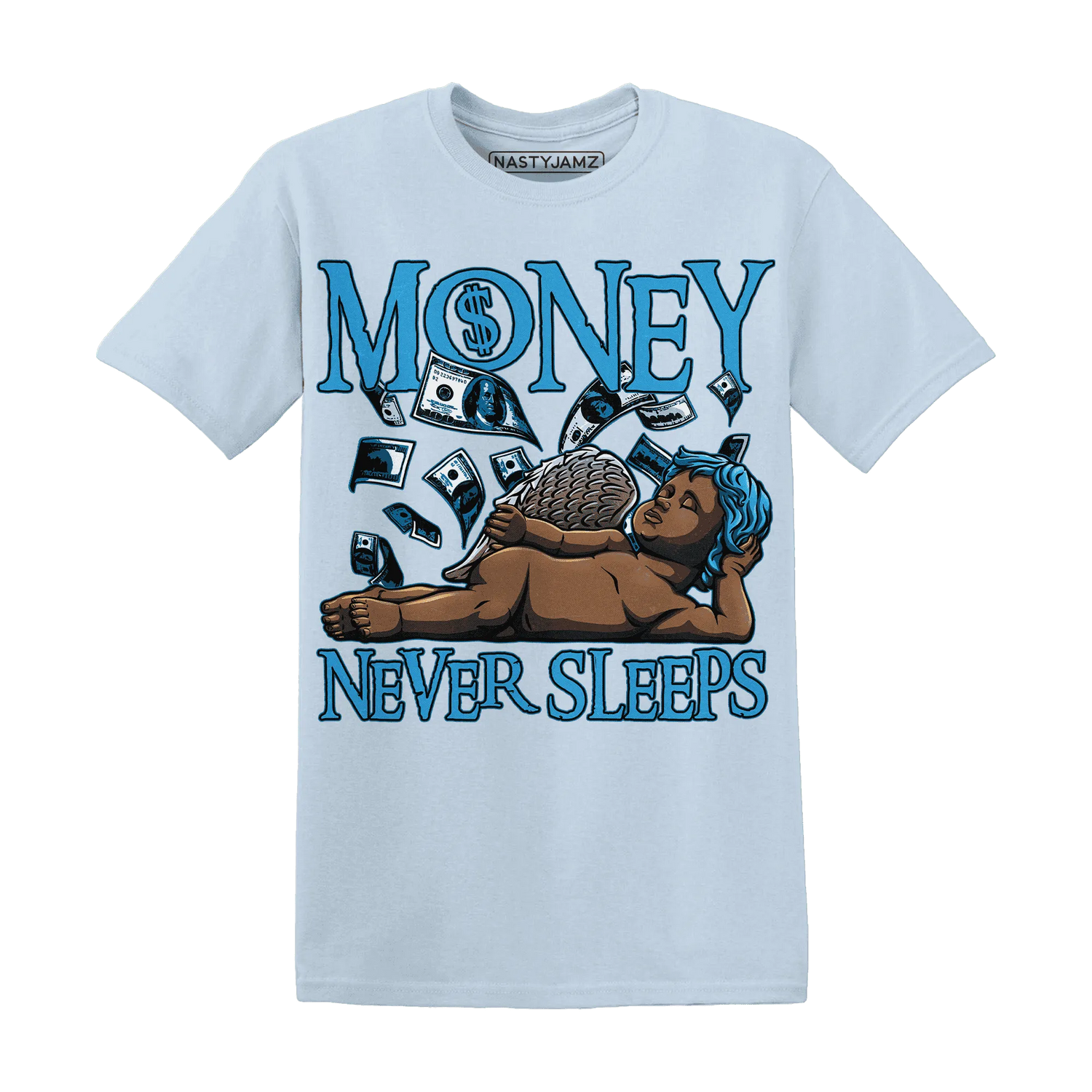 Powder-Blue-9s-T-Shirt-Match-Money-Never-Sleeps