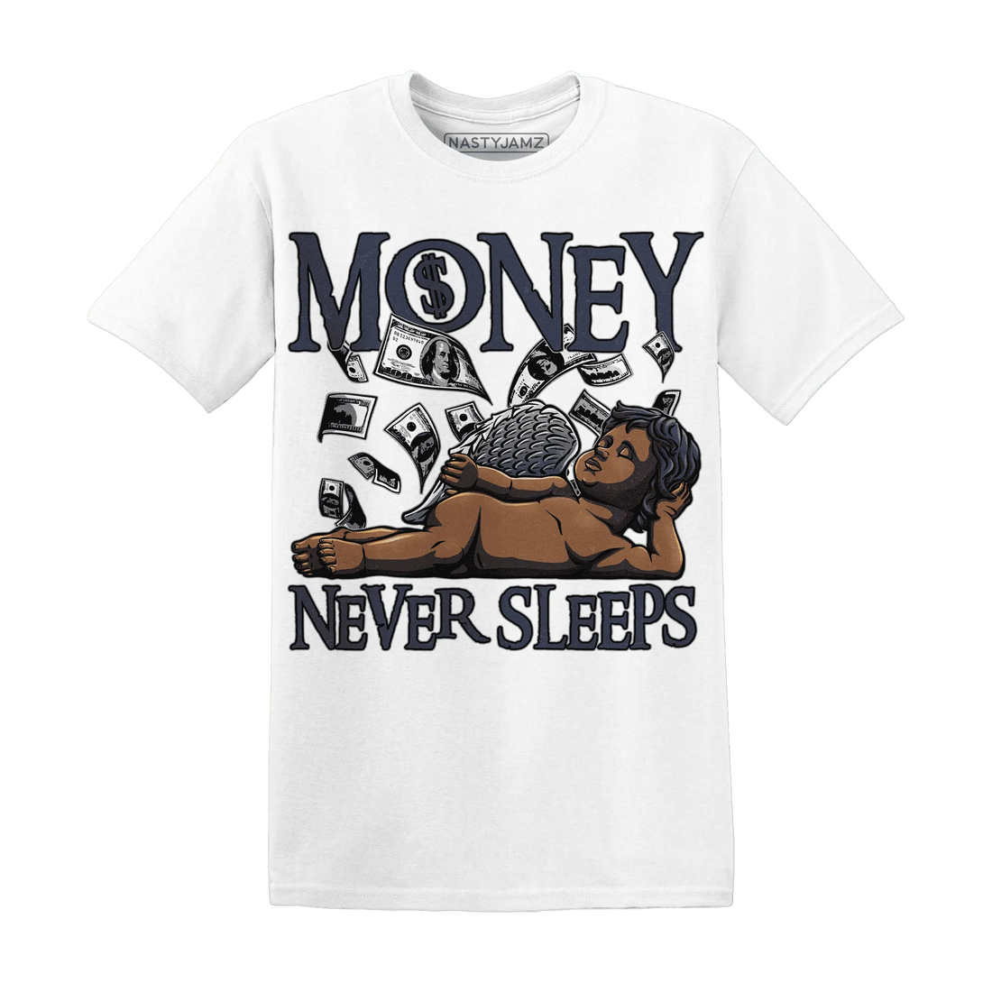 VaporMax-Plus-Midnight-Navy-White-Metallic-Silver-NastyJamz-T-Shirt-Match-Money-Never-Sleeps