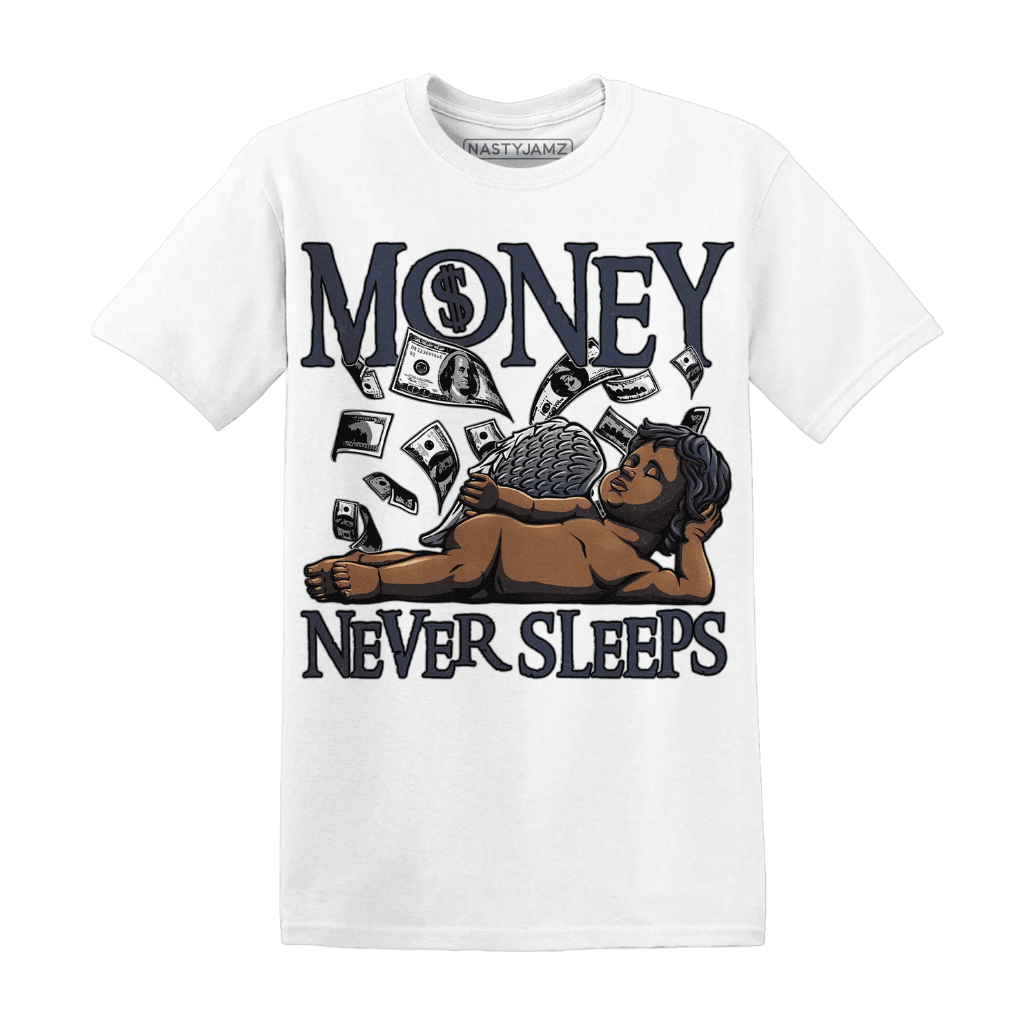VaporMax-Plus-Midnight-Navy-White-Metallic-Silver-NastyJamz-T-Shirt-Match-Money-Never-Sleeps