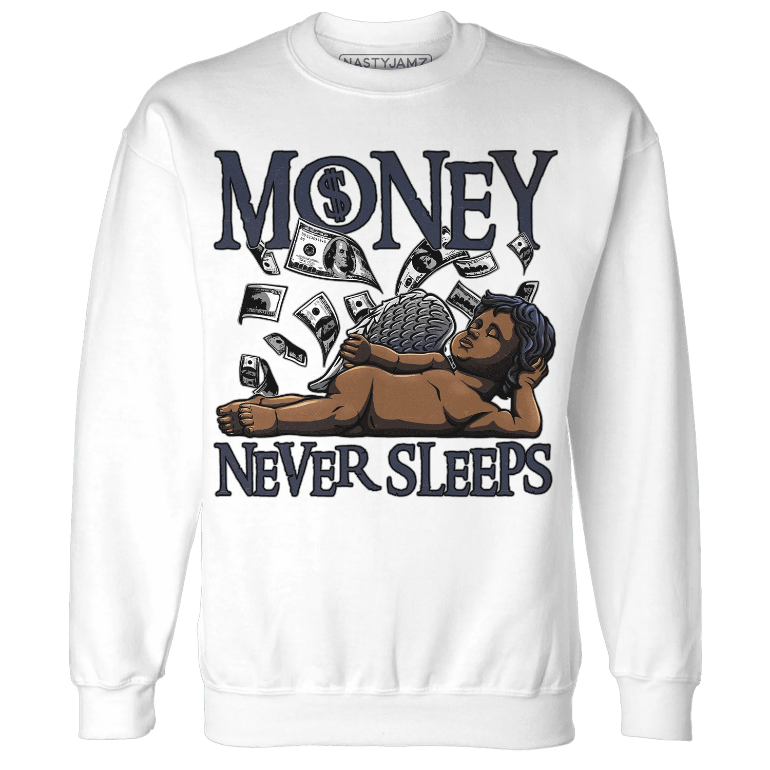 VaporMax-Plus-Midnight-Navy-White-Metallic-Silver-NastyJamz-Sweatshirt-Match-Money-Never-Sleeps