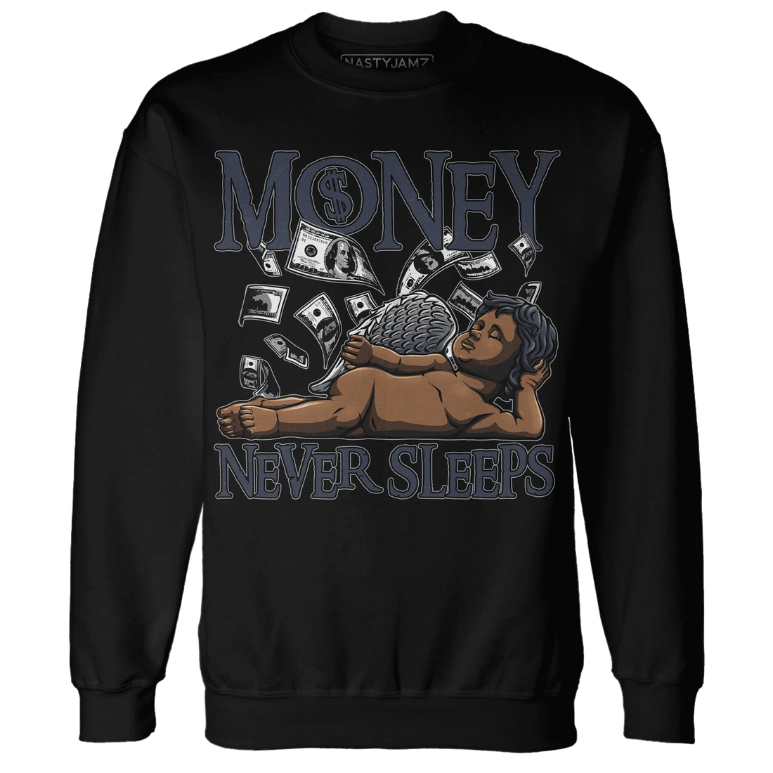 VaporMax-Plus-Midnight-Navy-White-Metallic-Silver-NastyJamz-Sweatshirt-Match-Money-Never-Sleeps