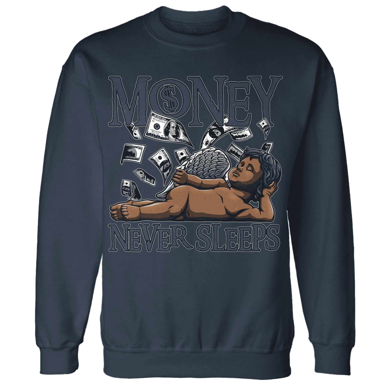 VaporMax-Plus-Midnight-Navy-White-Metallic-Silver-NastyJamz-Sweatshirt-Match-Money-Never-Sleeps