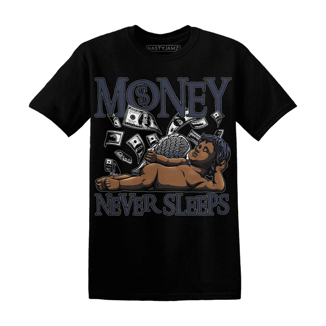VaporMax-Plus-Midnight-Navy-White-Metallic-Silver-NastyJamz-T-Shirt-Match-Money-Never-Sleeps