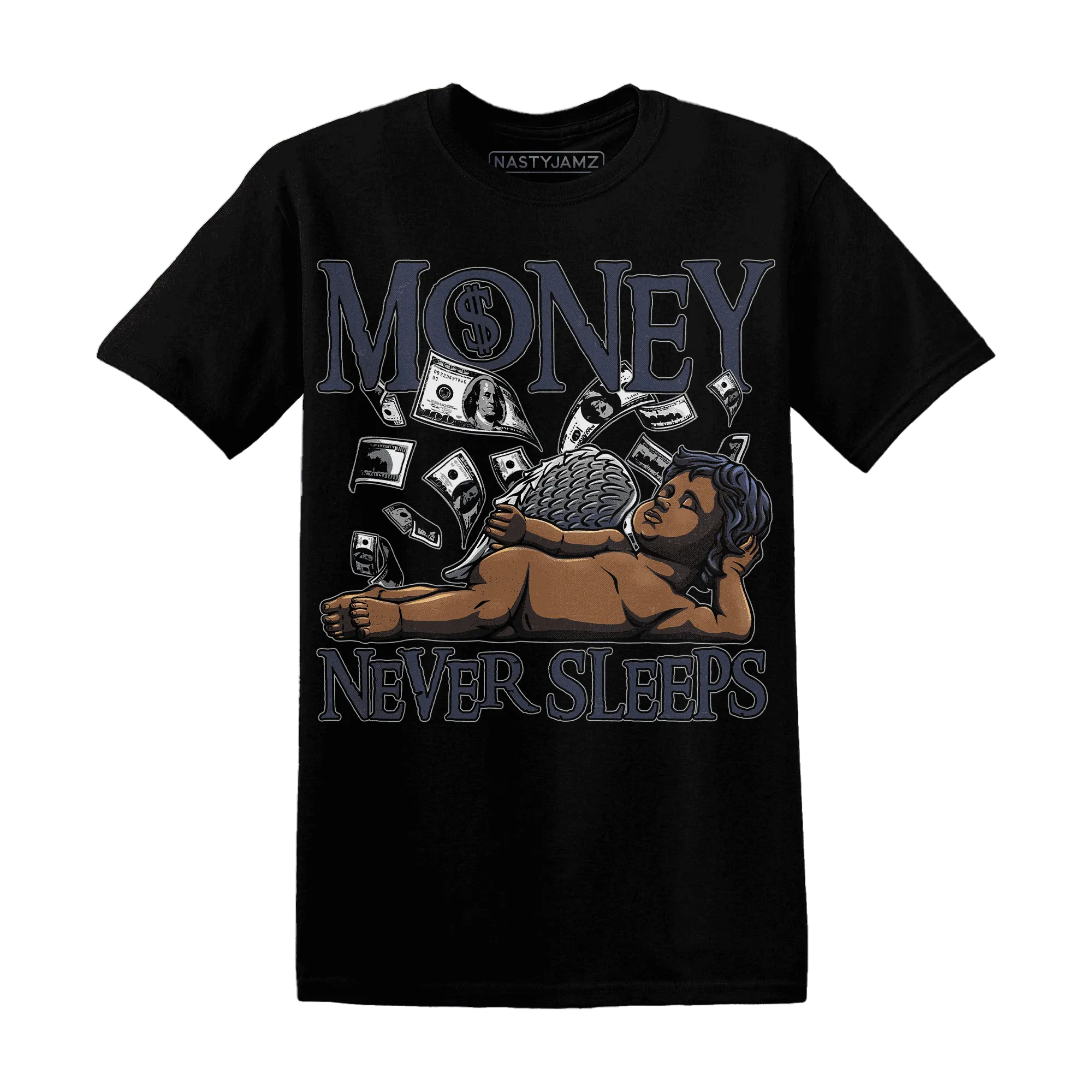 VaporMax-Plus-Midnight-Navy-White-Metallic-Silver-NastyJamz-T-Shirt-Match-Money-Never-Sleeps