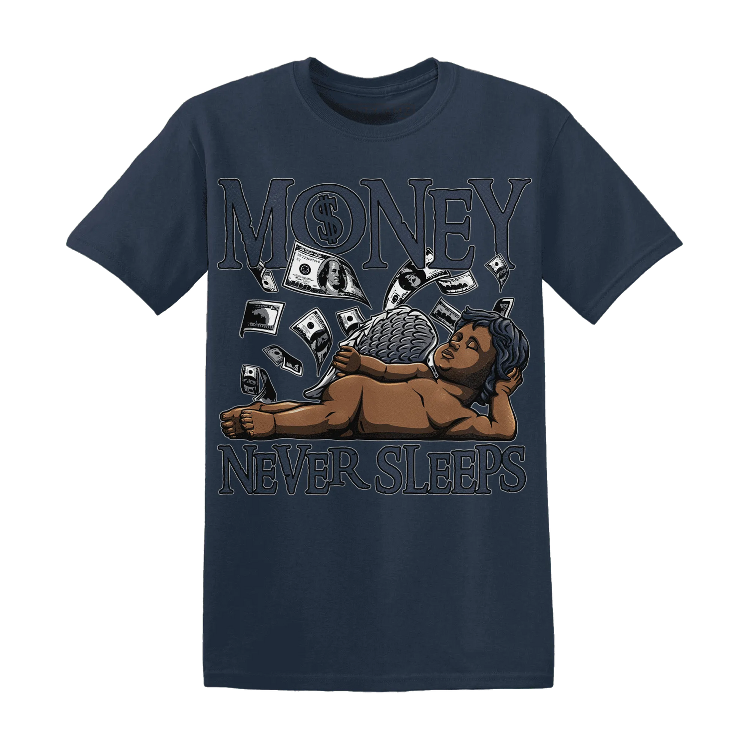 VaporMax-Plus-Midnight-Navy-White-Metallic-Silver-NastyJamz-T-Shirt-Match-Money-Never-Sleeps