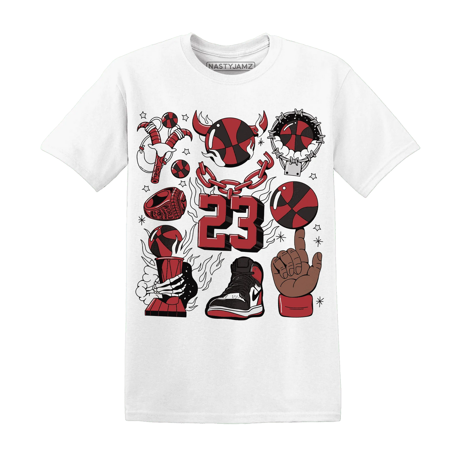 Black-Toe-Reimagined-Red-White-1s-T-Shirt-Match-Neclaces-Number-23