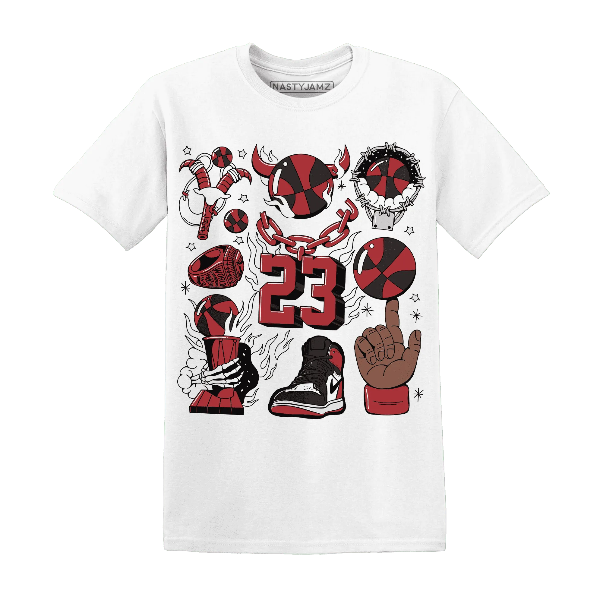 Black-Toe-Reimagined-Red-White-1s-T-Shirt-Match-Neclaces-Number-23