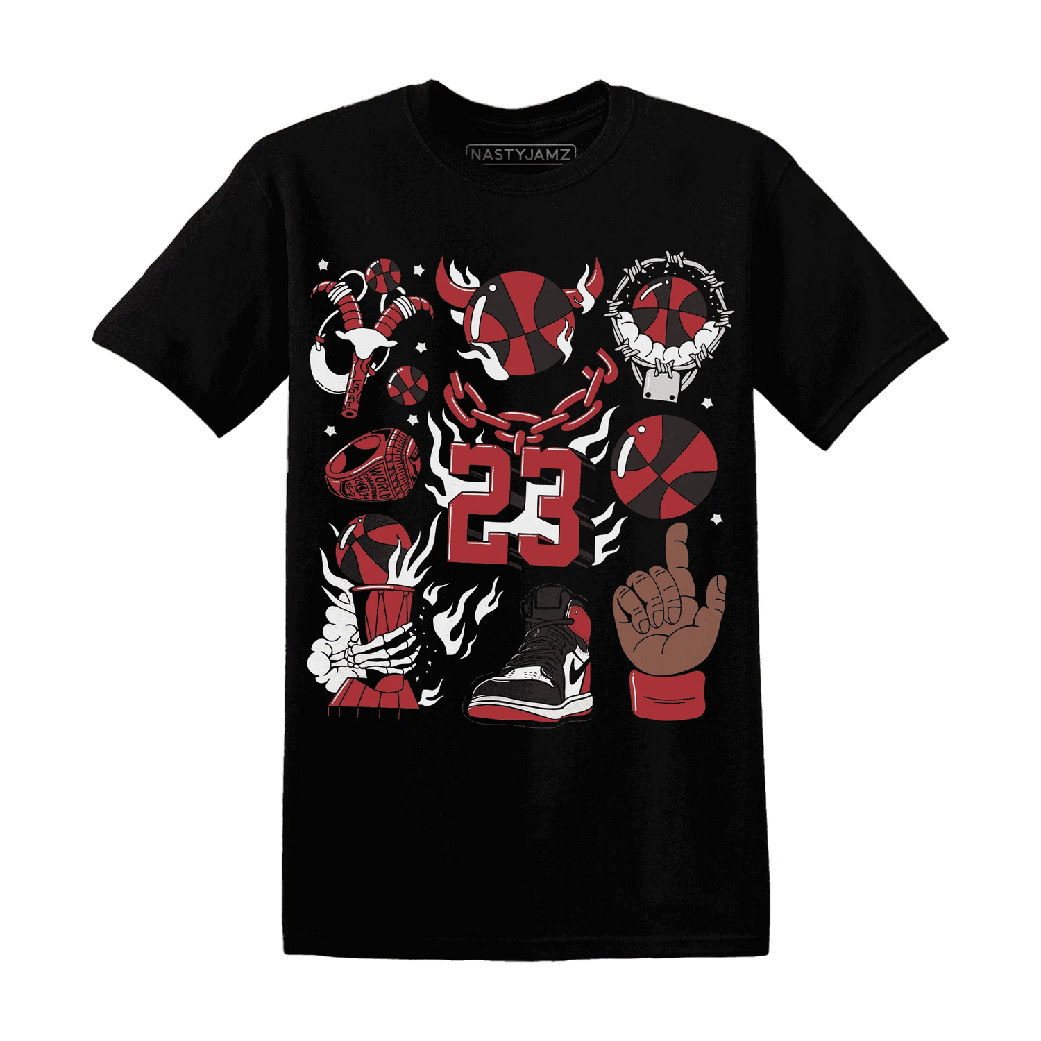 Black-Toe-Reimagined-Red-White-1s-T-Shirt-Match-Neclaces-Number-23