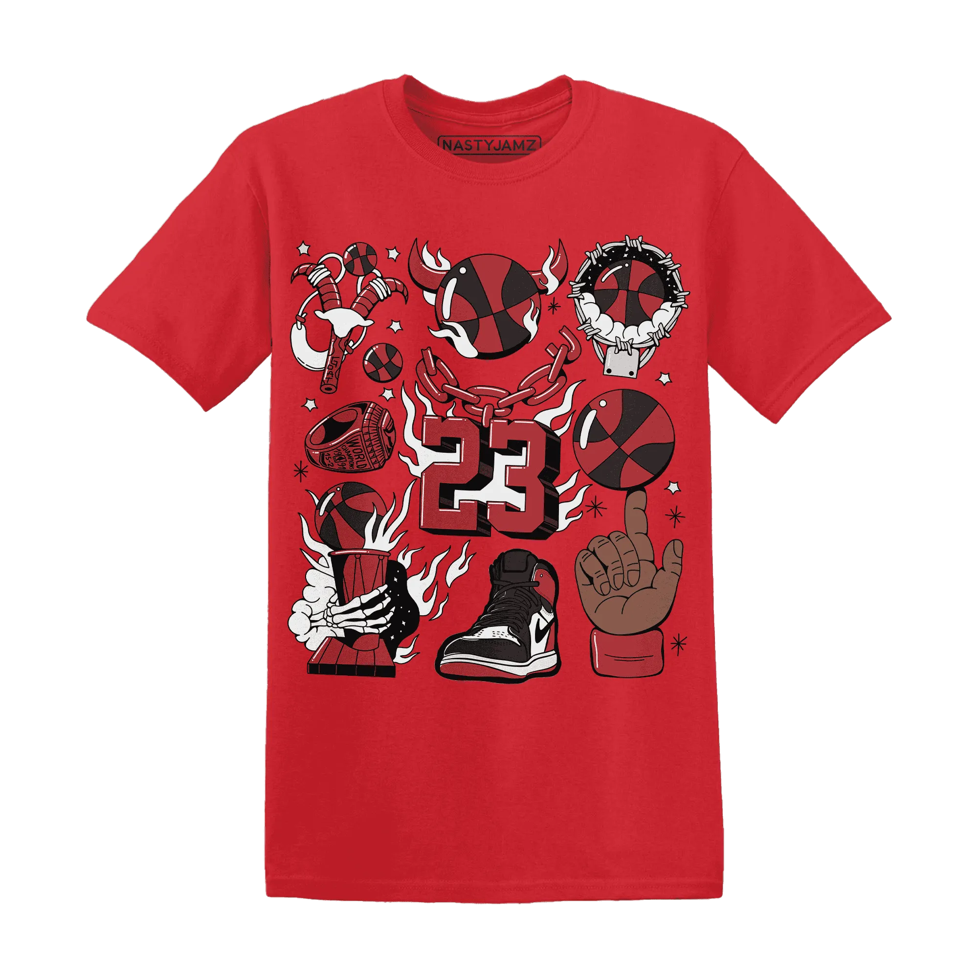 Black-Toe-Reimagined-Red-White-1s-T-Shirt-Match-Neclaces-Number-23