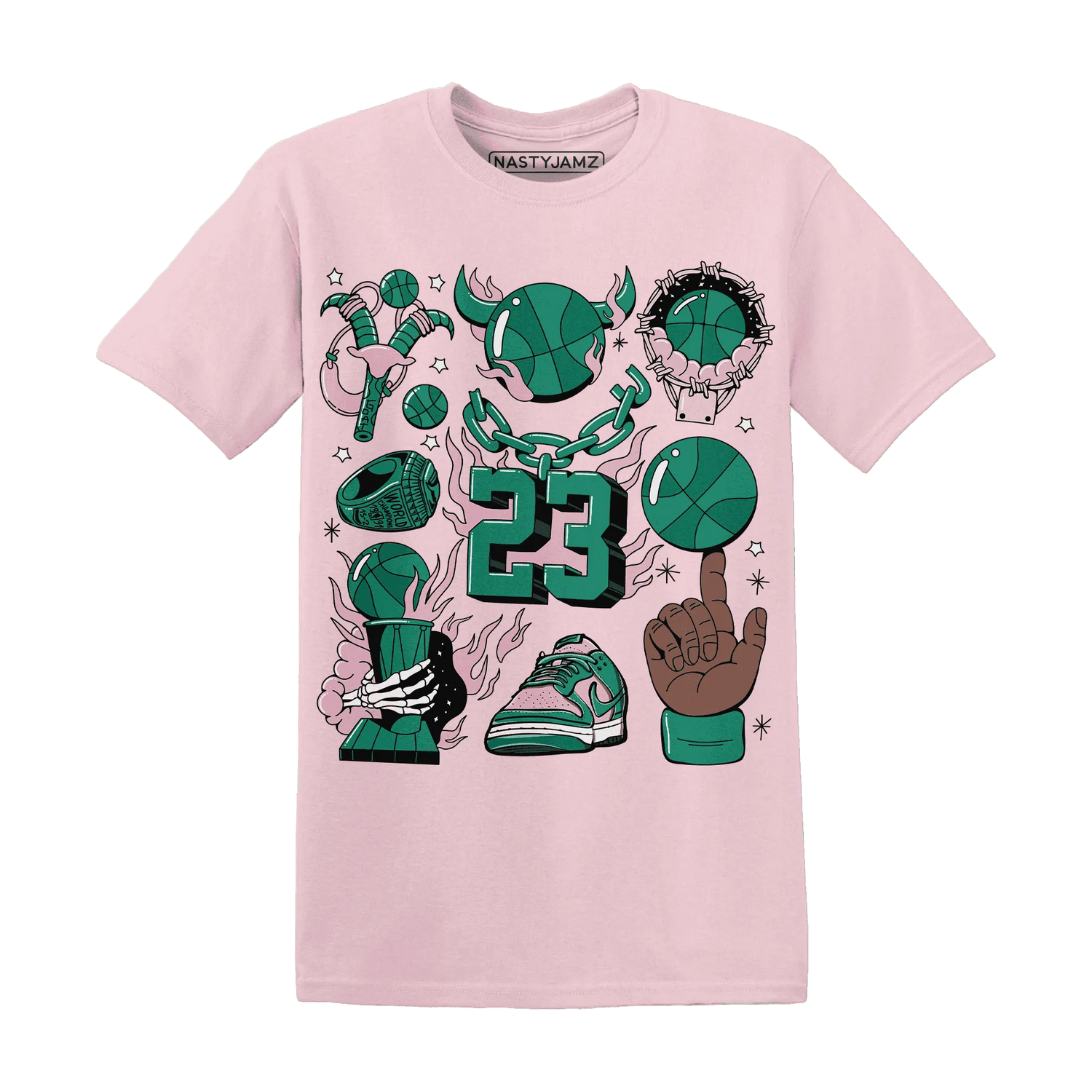 Dunk-Pink-Malachite-Medium-Soft-Low-Sail-NastyJamz-T-Shirt-Match-Neclaces-Number-23