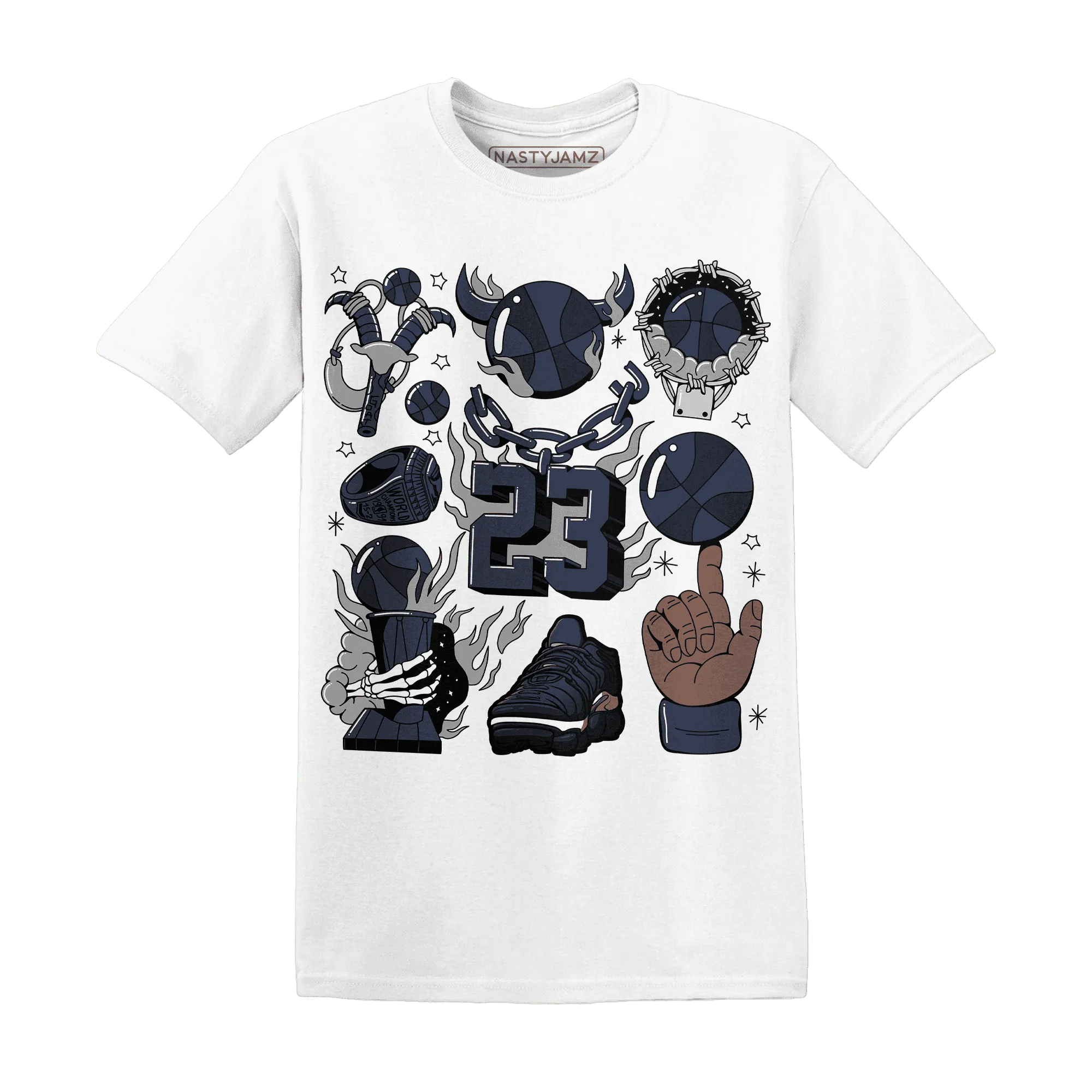 VaporMax-Plus-Midnight-Navy-White-Metallic-Silver-T-Shirt-Match-Neclaces-Number-23